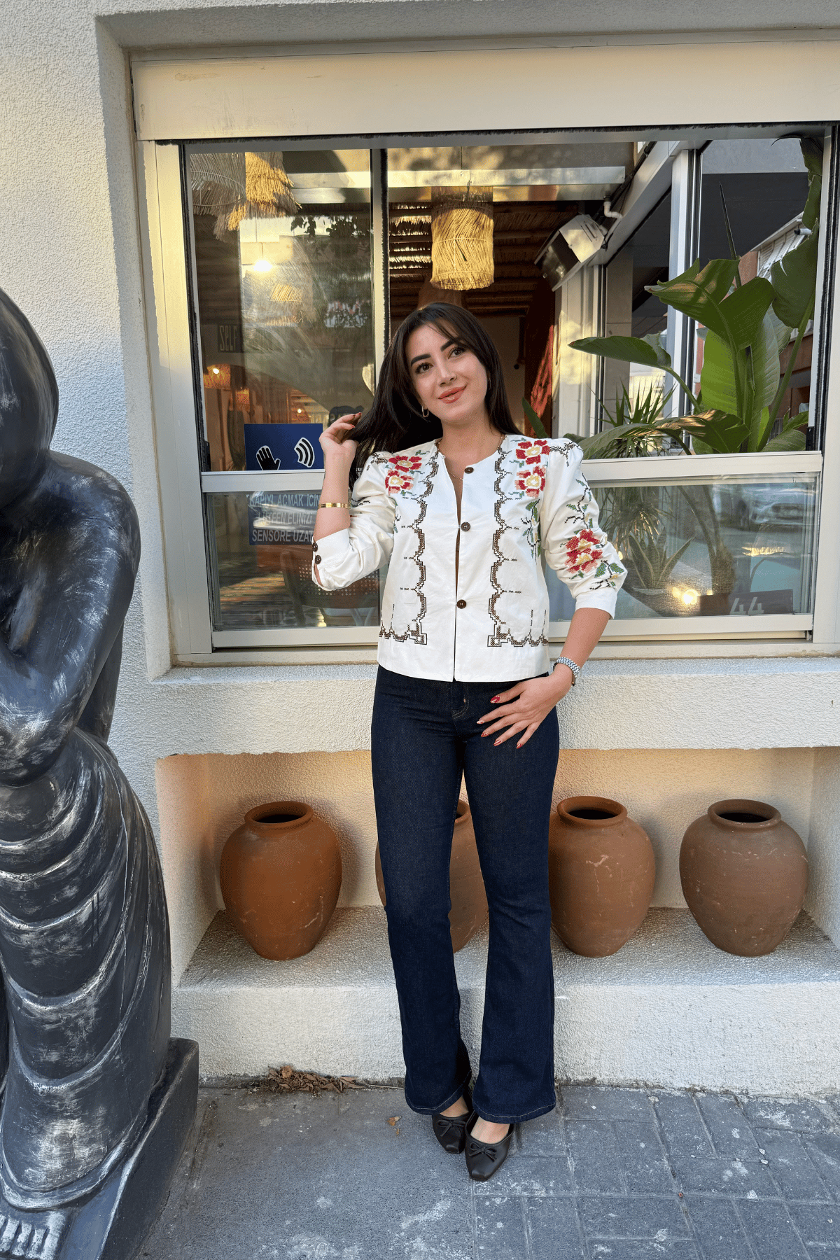 Kanaviçe nakışlı iç astarlı pamuk ceket