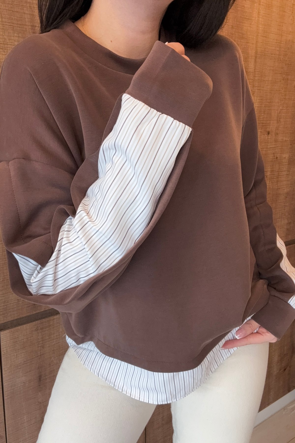 Modal Dokulu Çizgili Patça Detay Sweatshirt