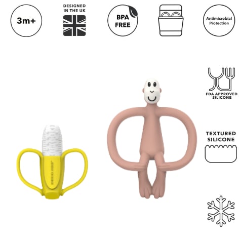 Matchstick Monkey Banana-Silikon Diş Kaşıyıcı Hediye Seti / Pembe