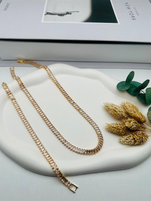 0106236 Beyaz Baget Taşlı Zirkon Kolye ve Bileklik  (Gold)