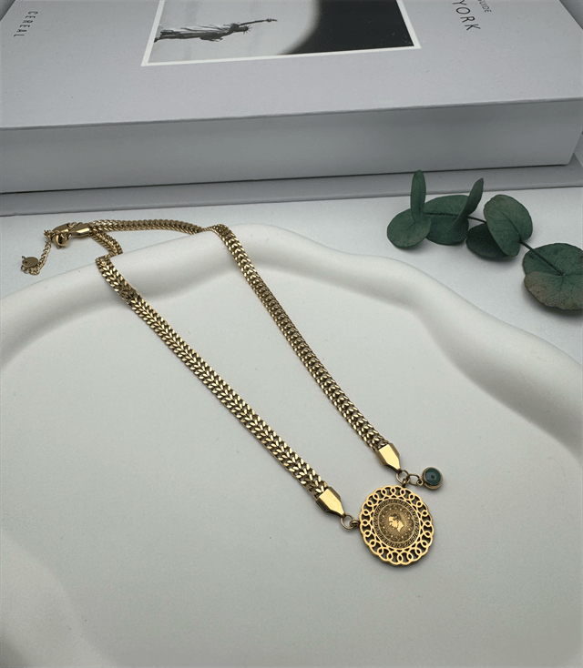 Çeyrekli Çelik Kolye (Gold) 010683