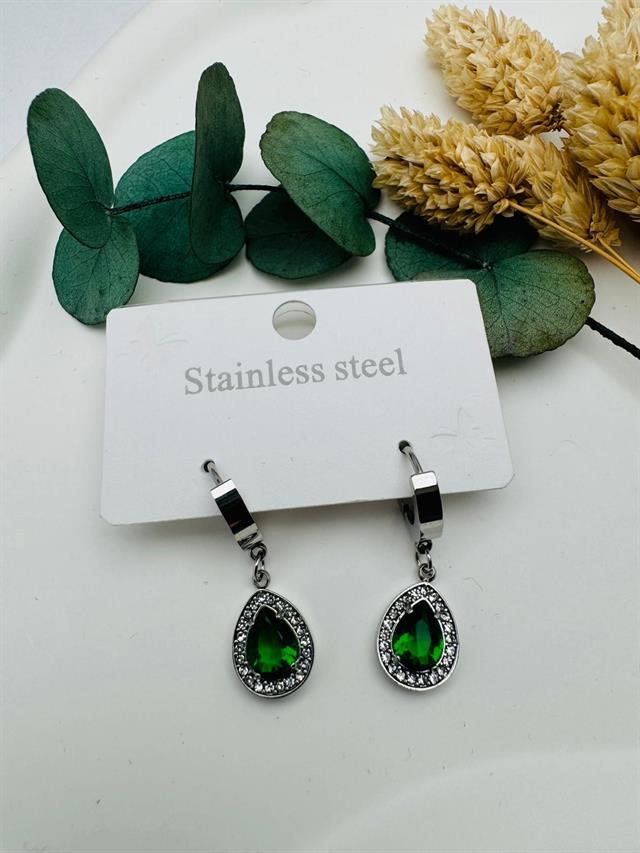 Su Damlası Yeşil Taşlı  Çelik  Küpe (Gümüş) KP158-2