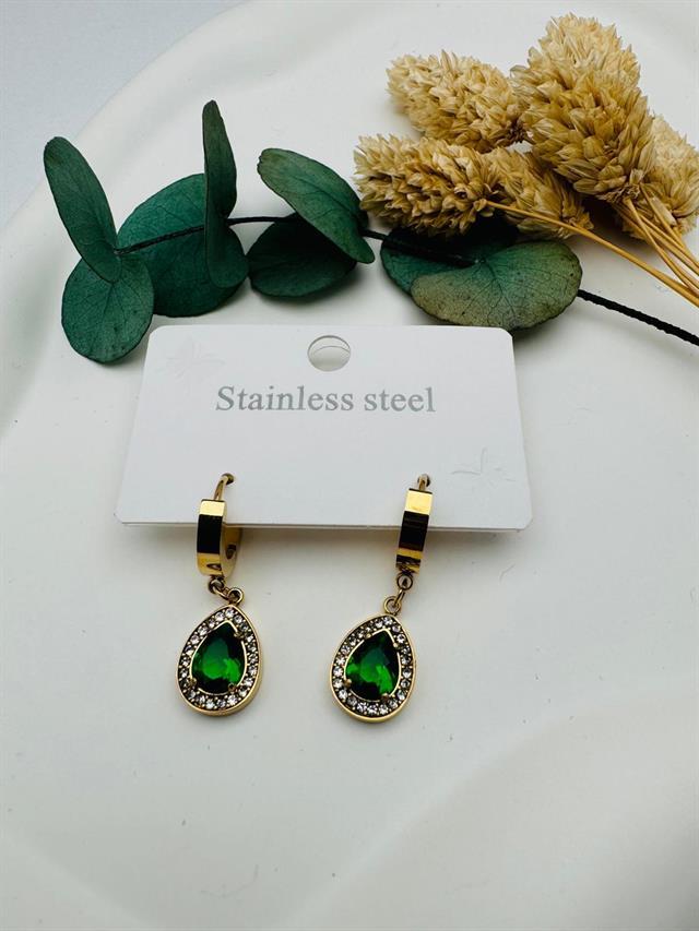 Yeşil Taşlı Damla Çelik Küpe KP393 Gold)