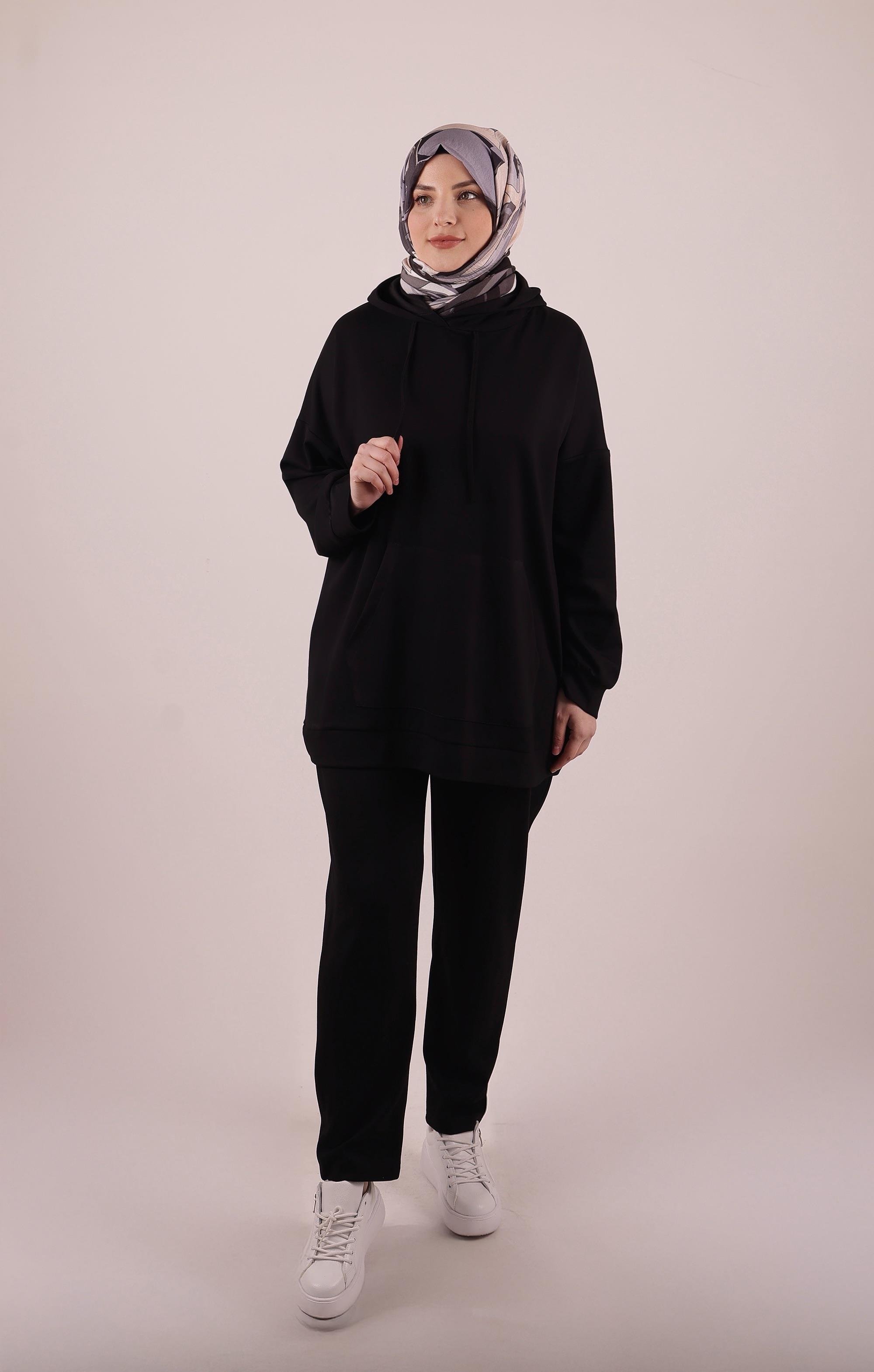 Emma Kapşonlu Modal Likralı Siyah Eşofman Takımı