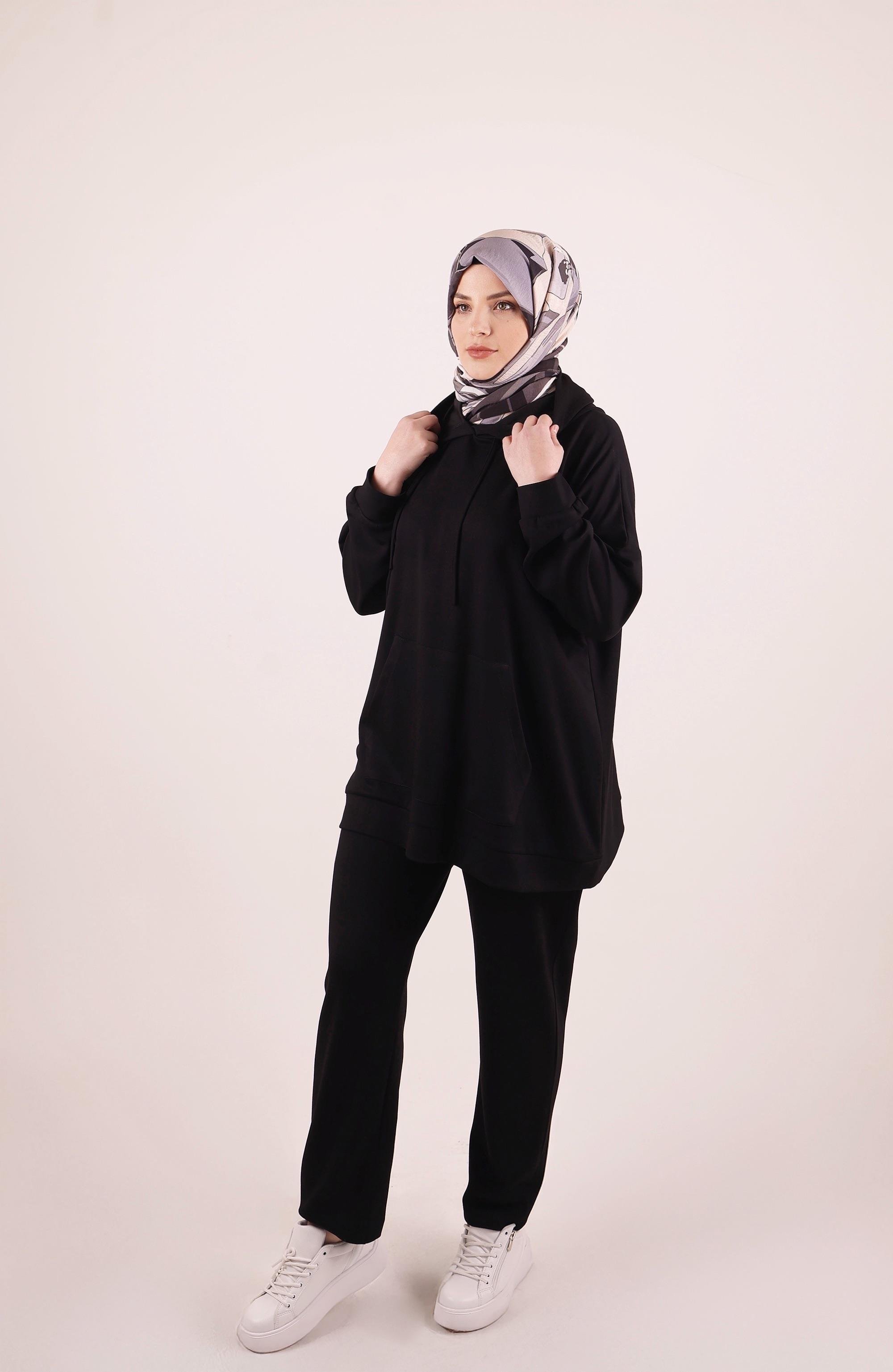 Emma Kapşonlu Modal Likralı Siyah Eşofman Takımı