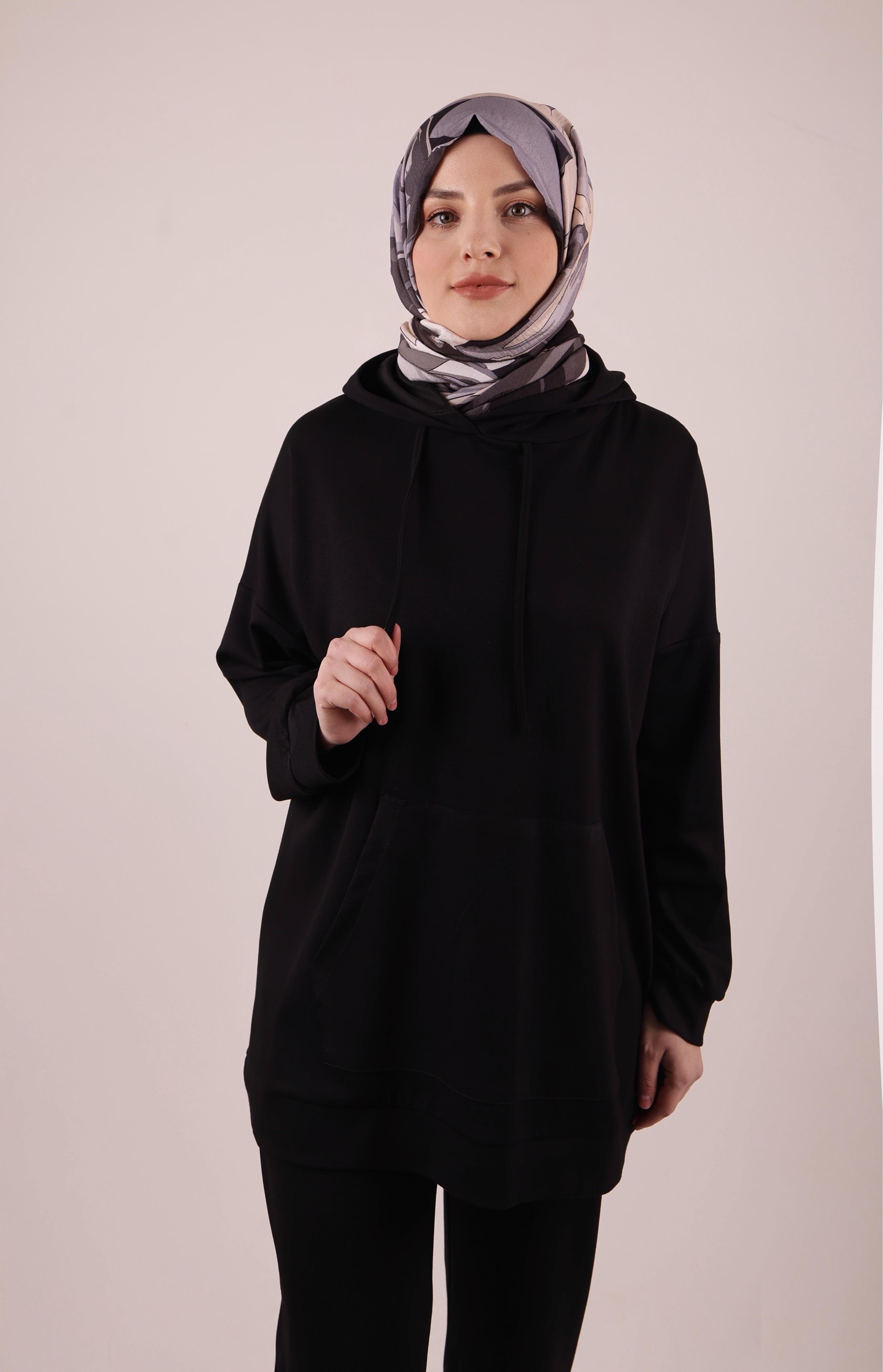 Emma Kapşonlu Modal Likralı Siyah Eşofman Takımı