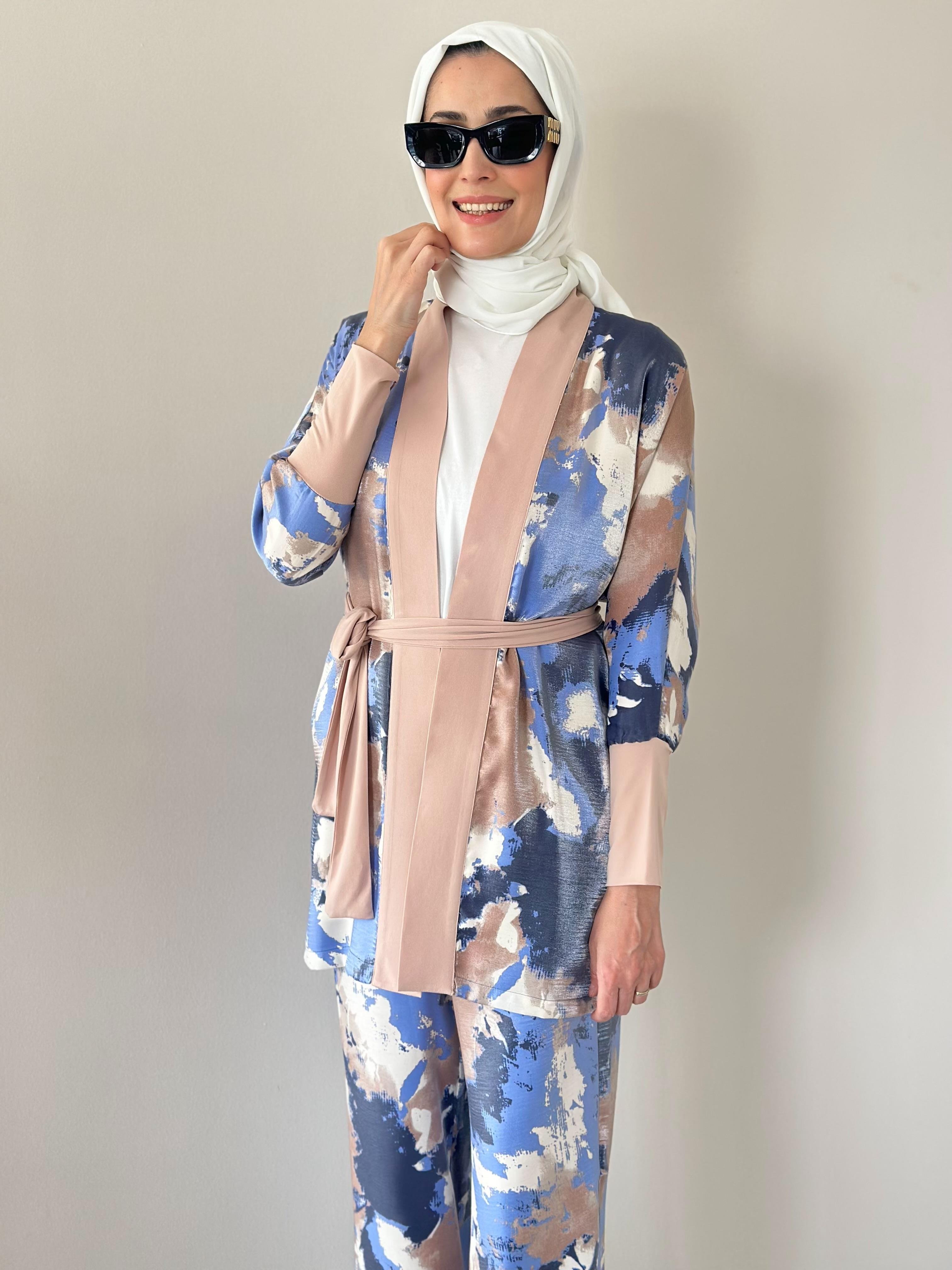 Evan Shine Bej  Fırça Desen  Kimono Pantolon Takım