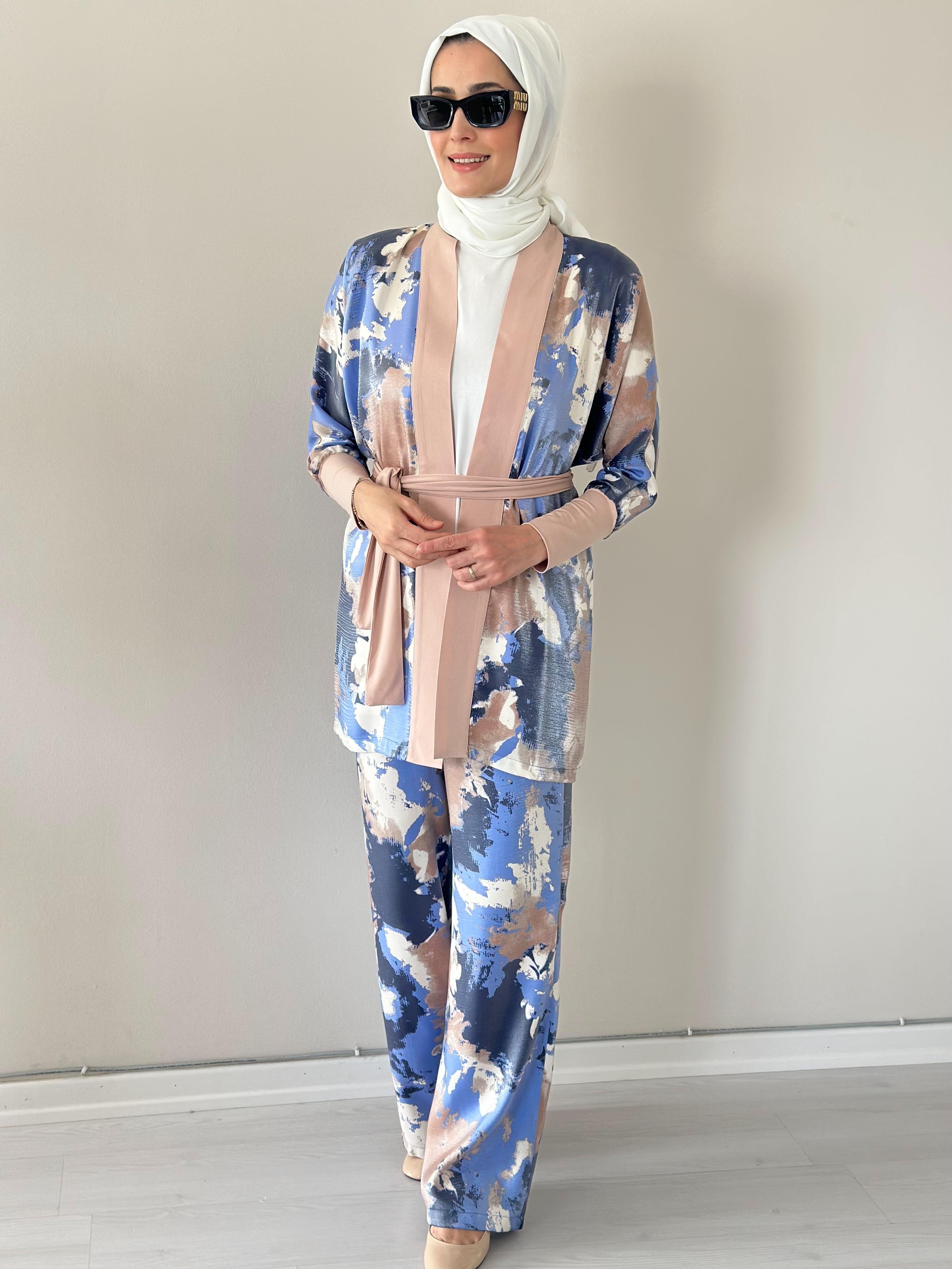 Evan Shine Bej  Fırça Desen  Kimono Pantolon Takım