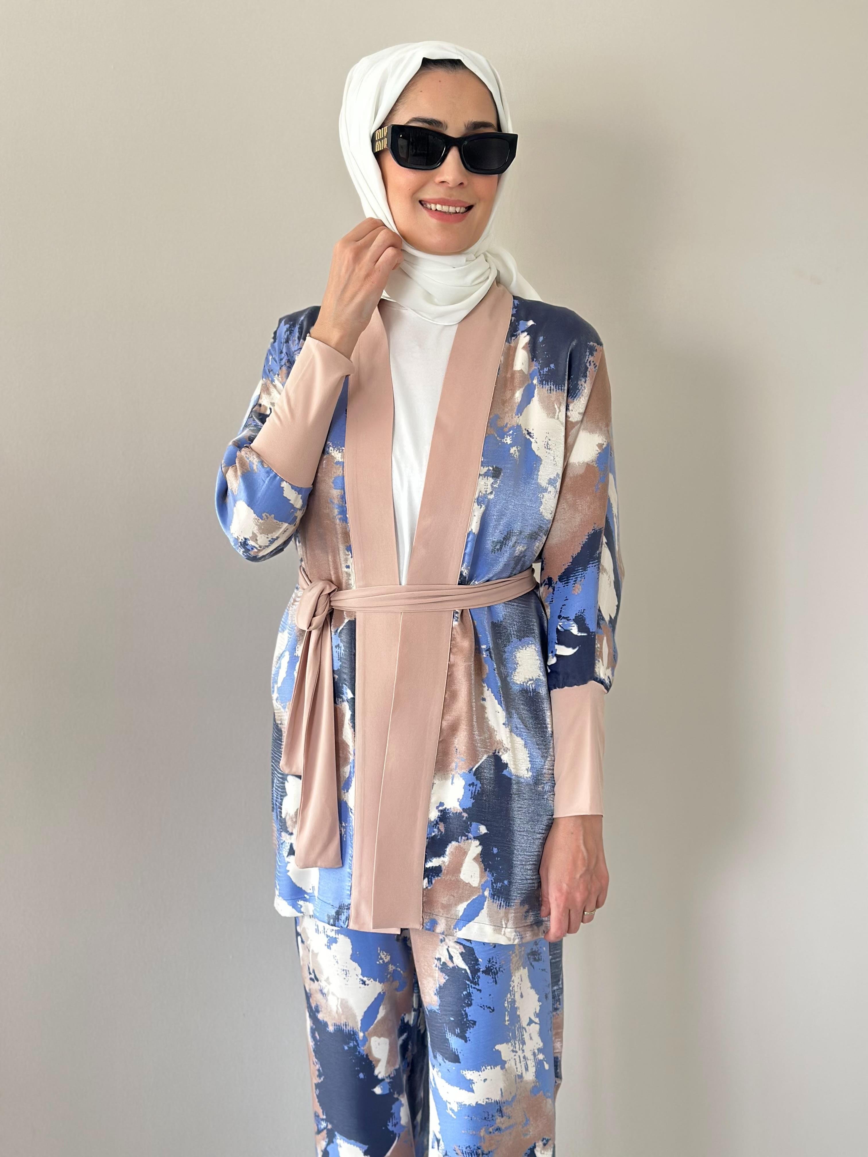 Evan Shine Bej  Fırça Desen  Kimono Pantolon Takım