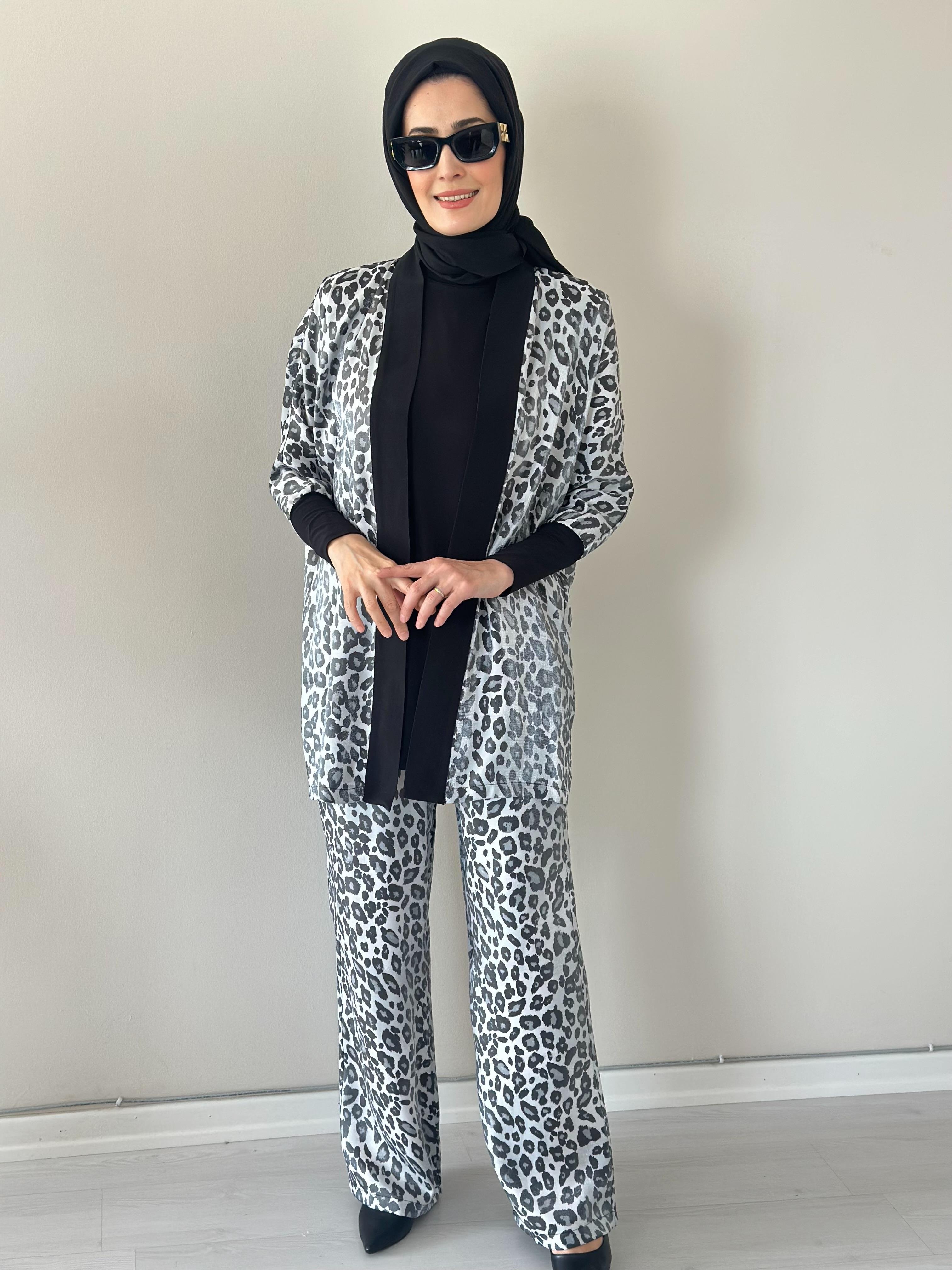 Evan Shine Gri  Leopar Kimono Pantolon Takım
