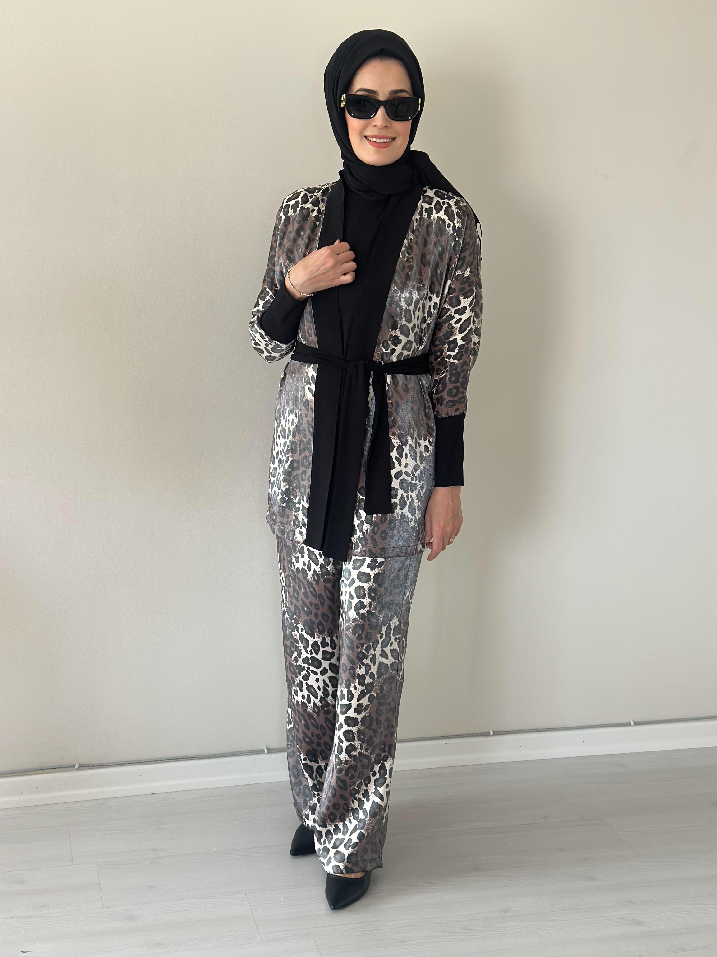 Evan Shine Kahve Leopar Kimono Pantolon Takım