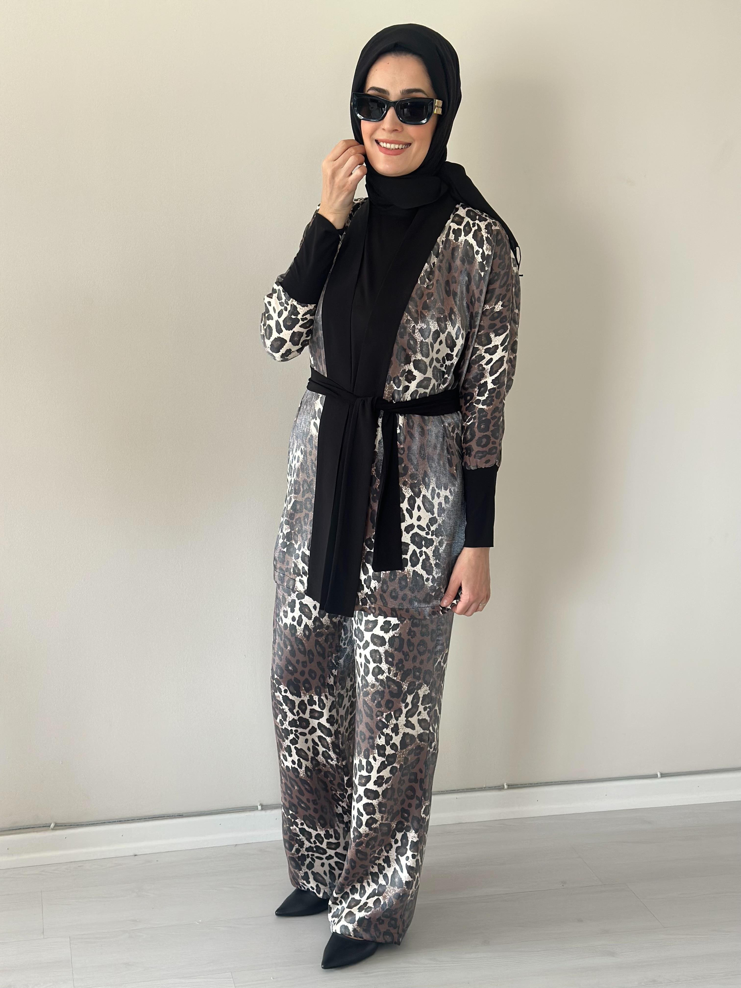 Evan Shine Kahve Leopar Kimono Pantolon Takım