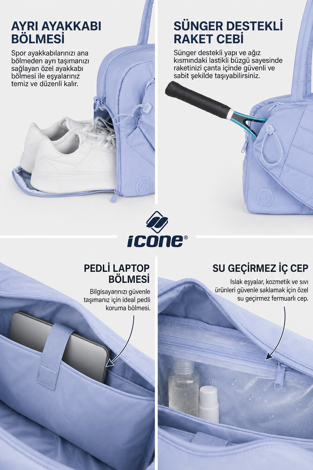 İcone Bag Paraşüt Kumaş Raket Gözlü Tenis Çantası, Spor Çantası Ve Tenis Çantası, Padel Çantası MAVİ
