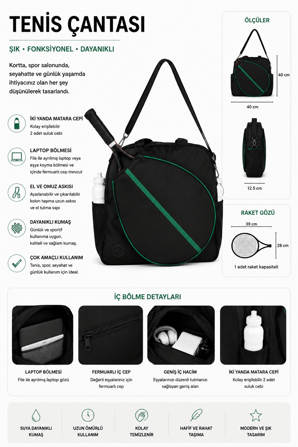 Paraşüt Kumaş Tenis çantası, Raket Cepli Tenis Çantası, Tennis Bag Siyah