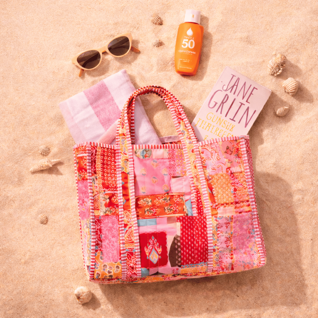 Patch Baskılı Kapitoneli Plaj Çantası, İçi Çizgili Baskılı ve Cepli Shopper Çanta, Plaj Çantası