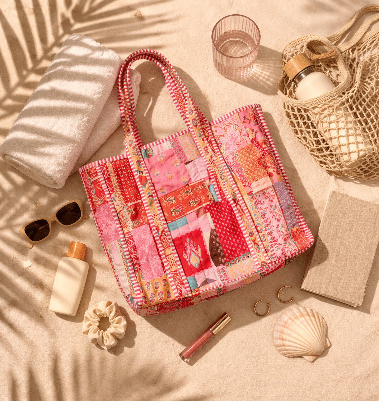 Patch Baskılı Kapitoneli Plaj Çantası, İçi Çizgili Baskılı ve Cepli Shopper Çanta, Plaj Çantası