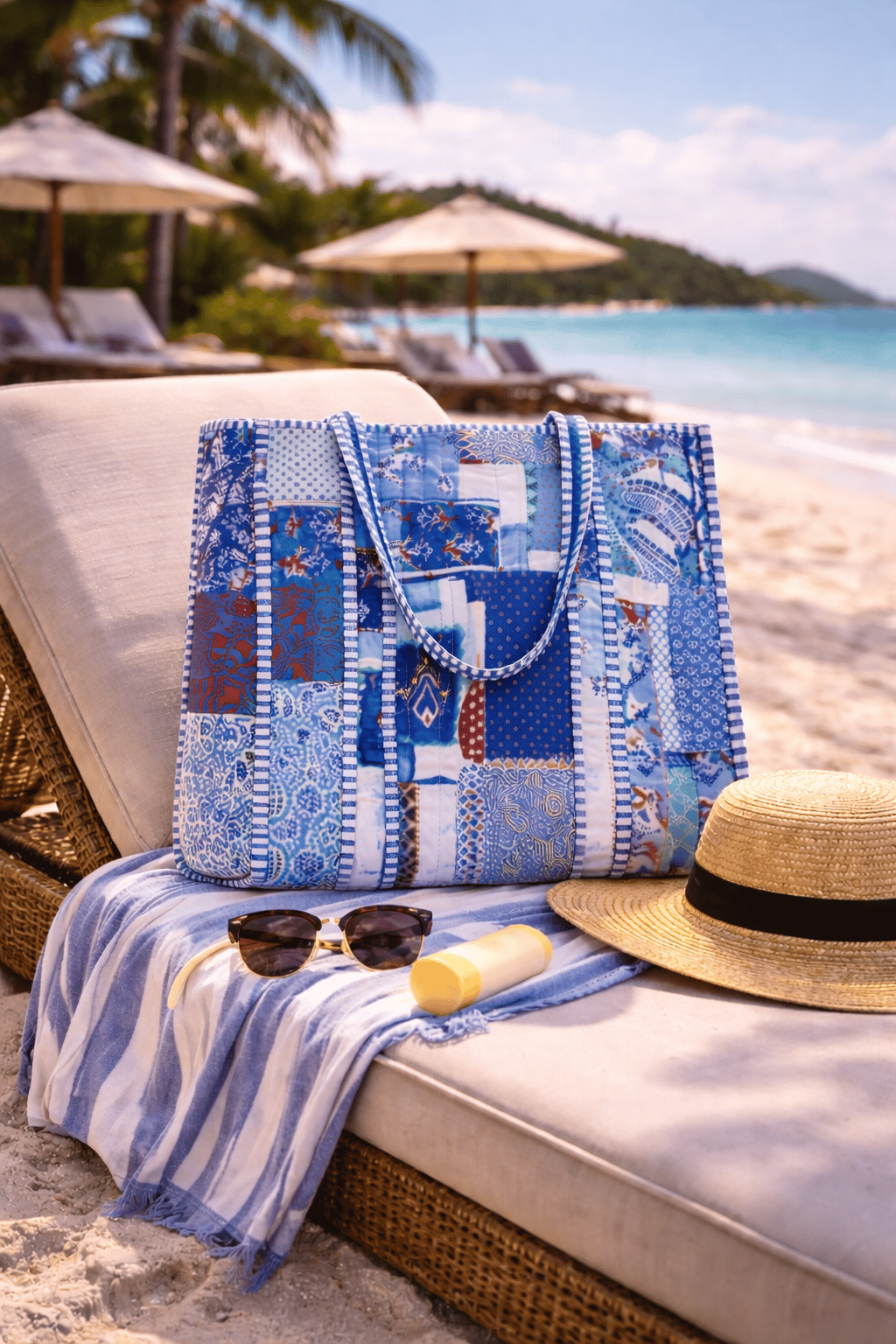 Patch Baskılı Kapitoneli Plaj Çantası, İçi Çizgili Baskılı ve Cepli Shopper Çanta, Plaj Çantası