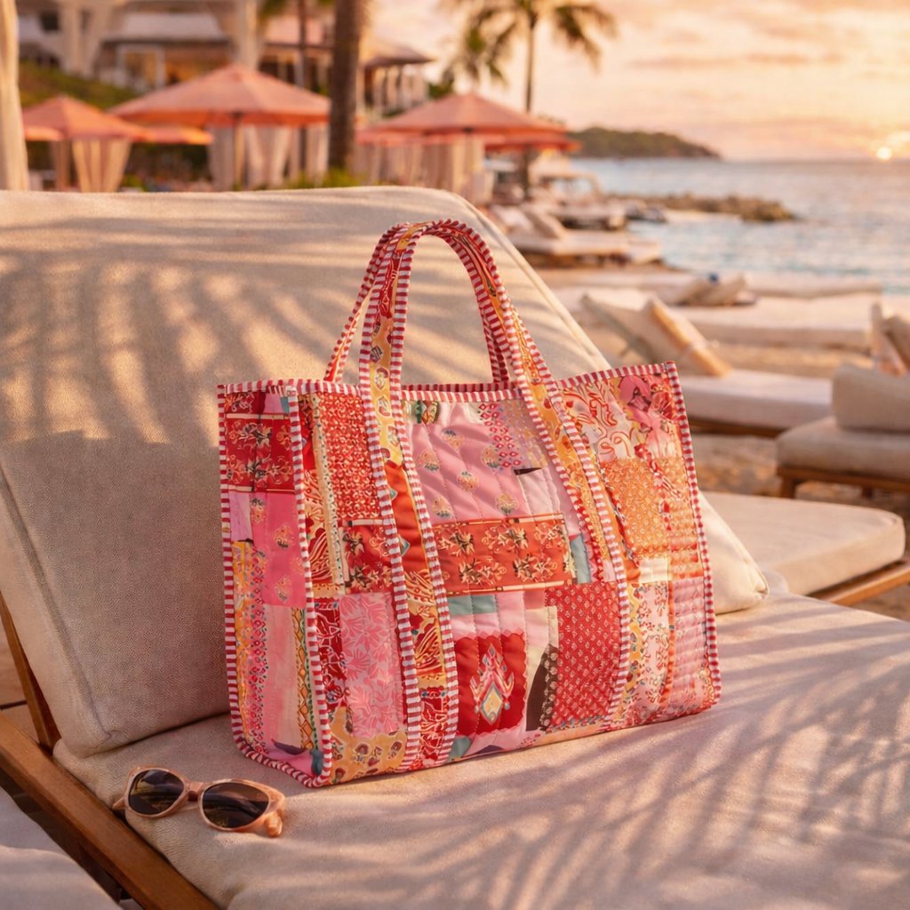 Patch Baskılı Kapitoneli Plaj Çantası, İçi Çizgili Baskılı ve Cepli Shopper Çanta, Plaj Çantası