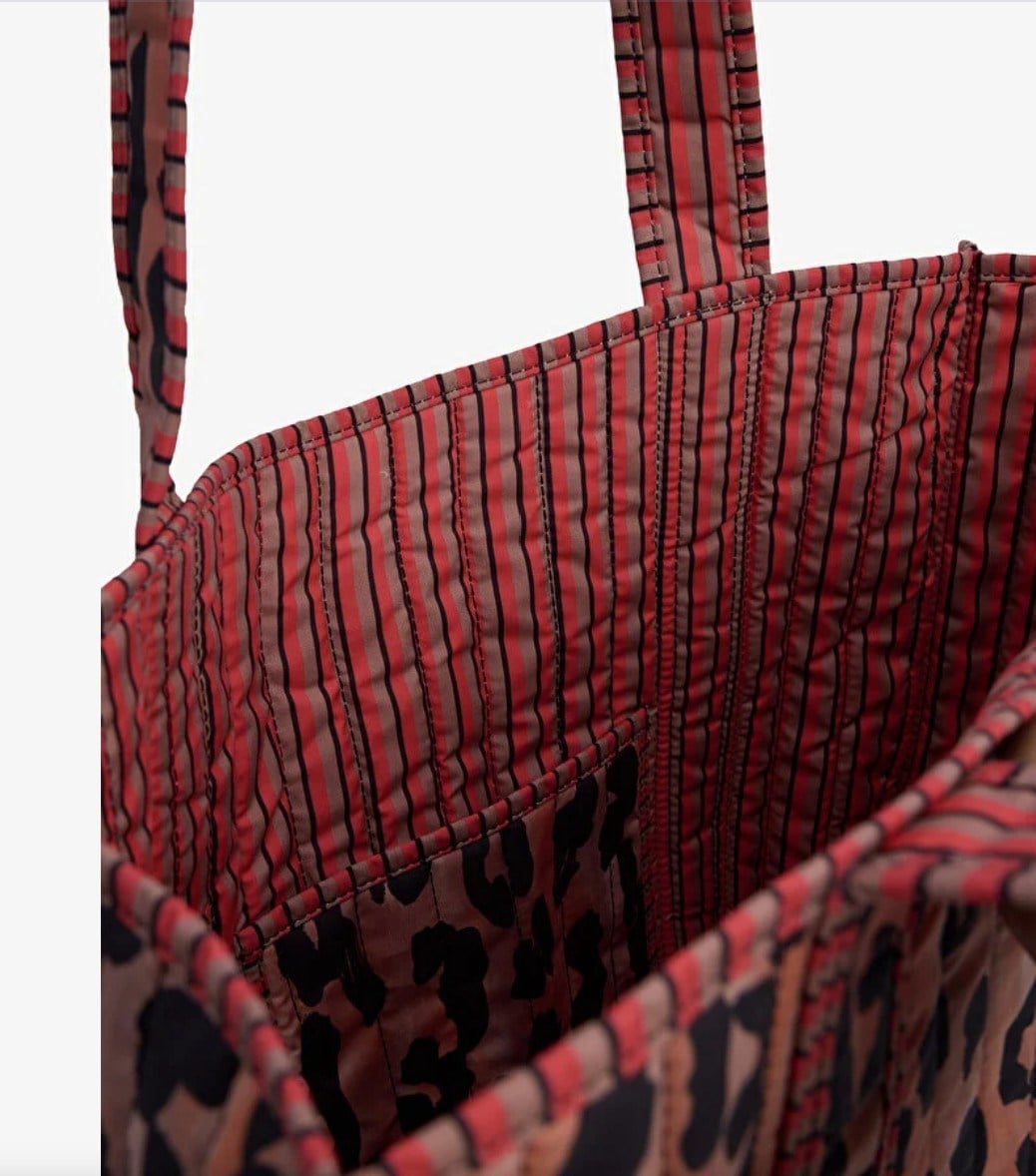 Patch Yama Desen Baskılı Kapitoneli Plaj Çantası, İçi Çizgili Baskılı Shopper Çanta, Pembe Plaj Çantası