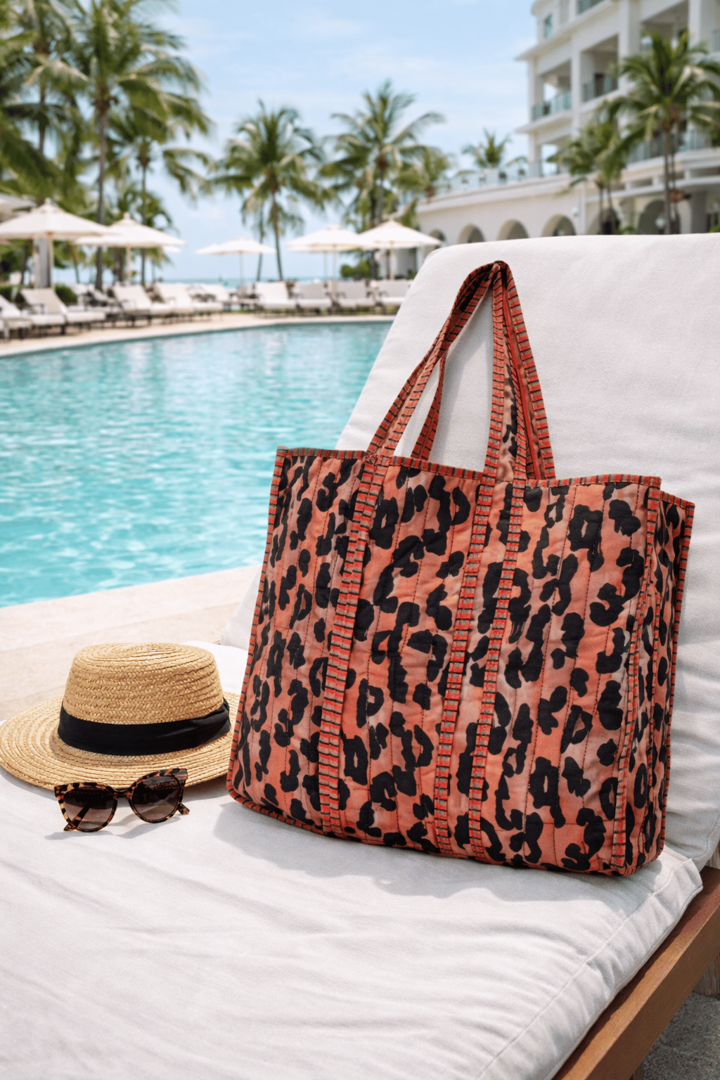 Patch Yama Desen Baskılı Kapitoneli Plaj Çantası, İçi Çizgili Baskılı Shopper Çanta, Pembe Plaj Çantası
