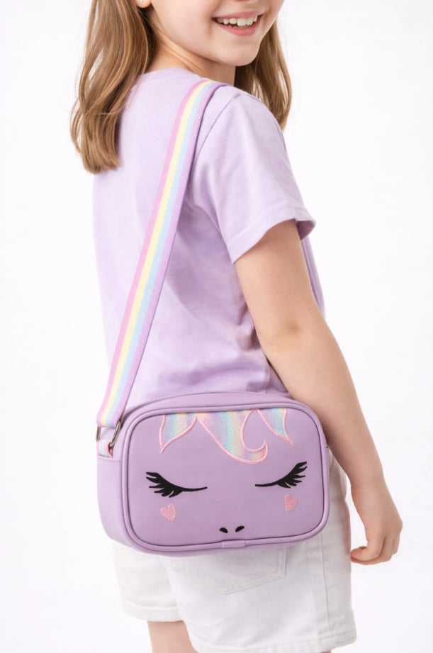 Unicorn Nakışlı Kız Çocuk Çantası, Çocuk Omuz Çantası, Unicorn Çanta Mor