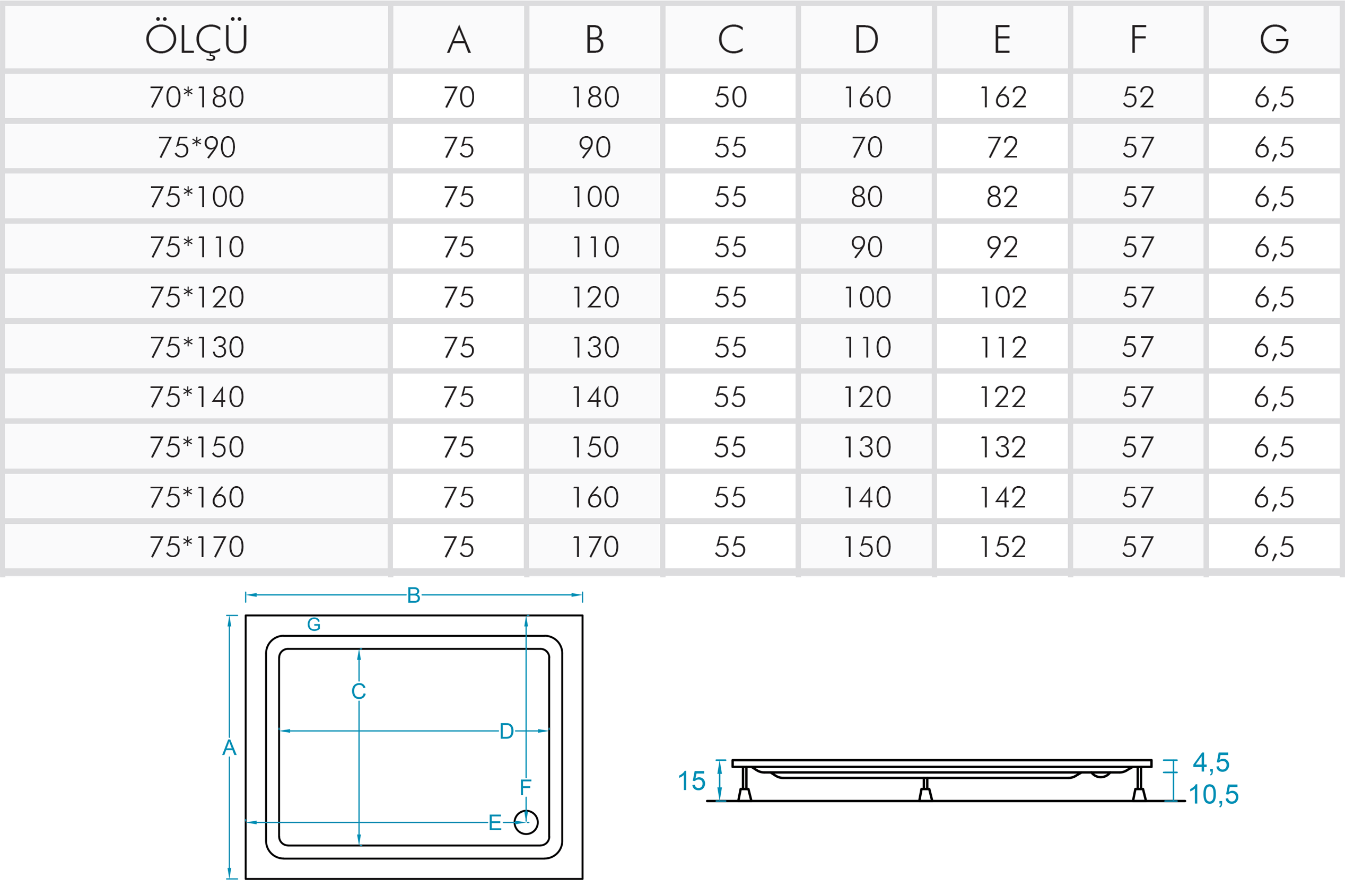 Conte Dikdörtgen Panelli Duş Teknesi