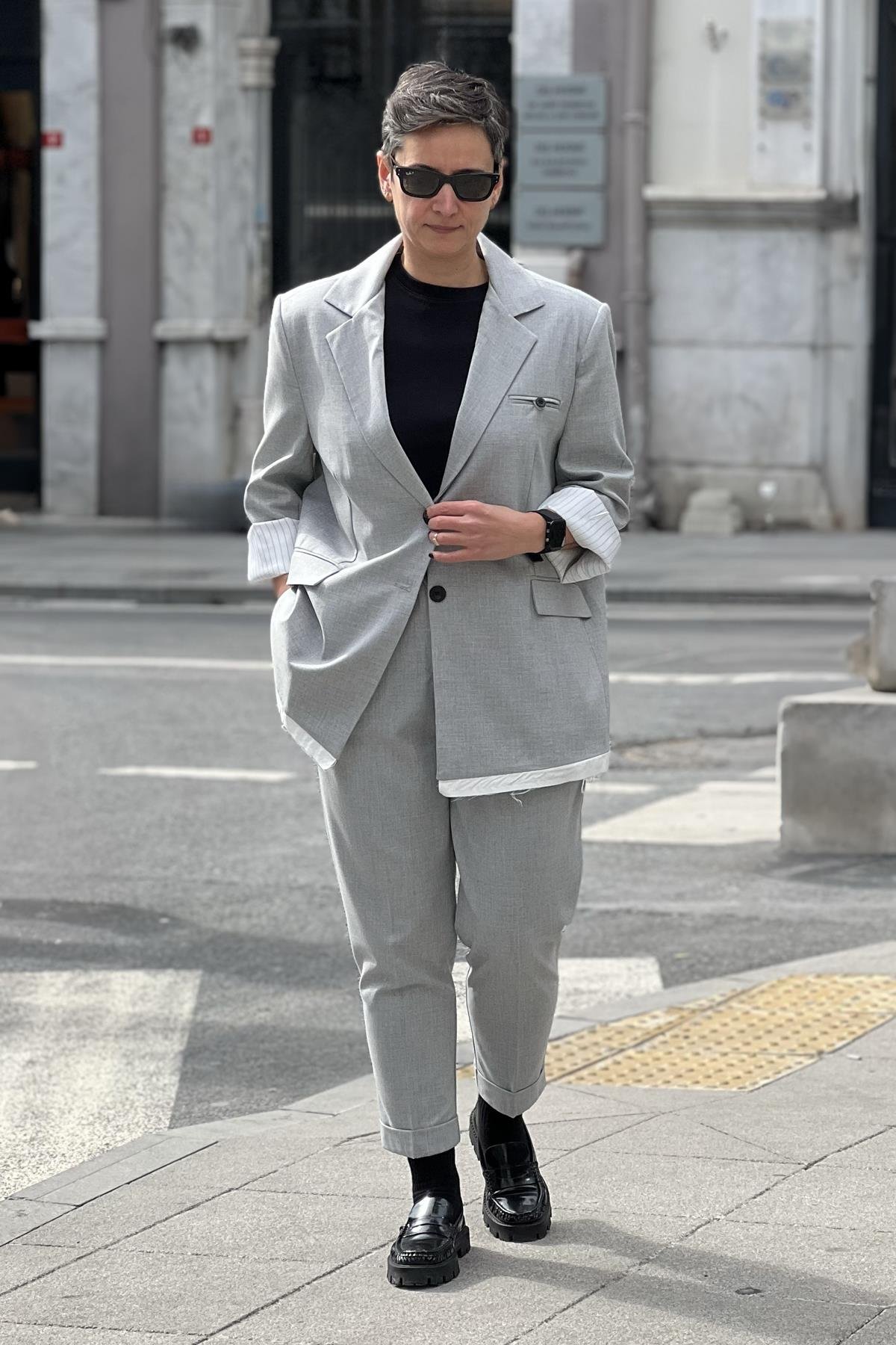 ARKA BASKILI BLAZER CEKET - GRİ