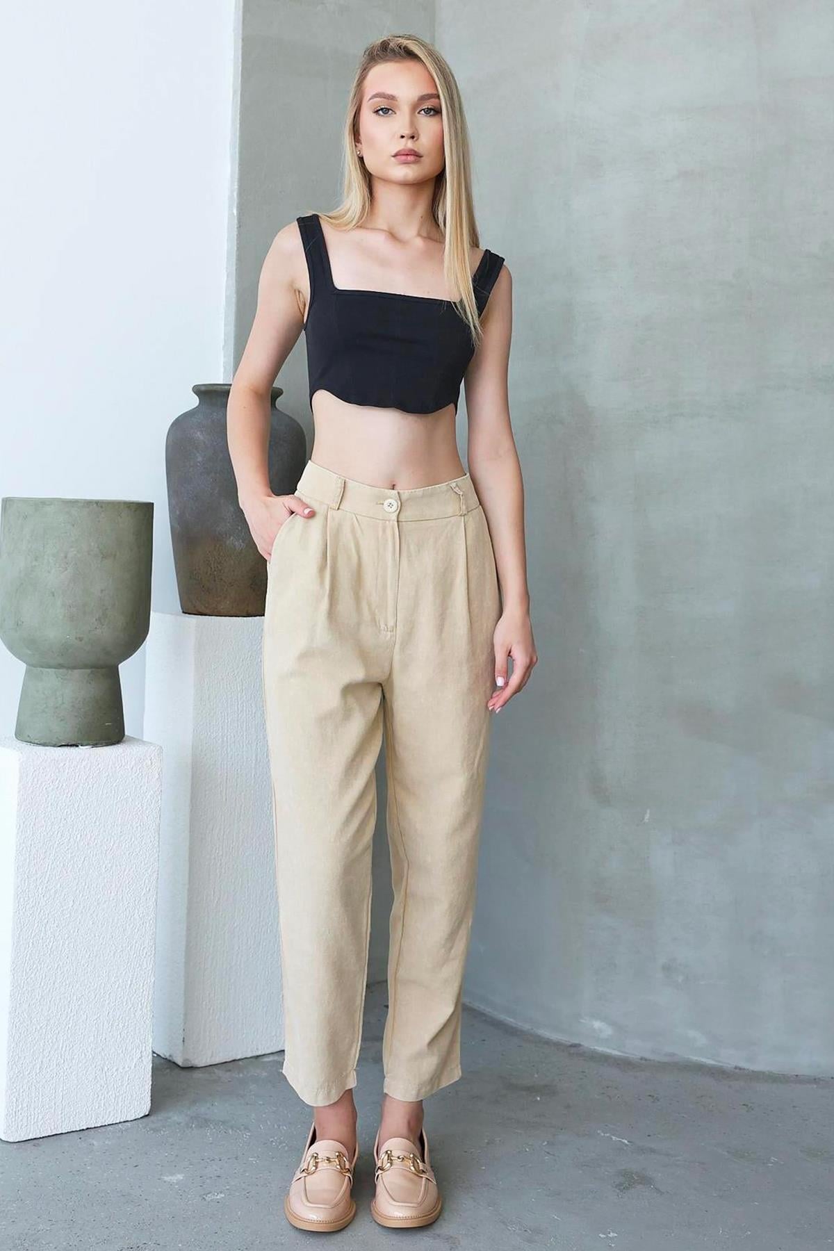 COTTON DÜĞMELİ PANTOLON - KREM