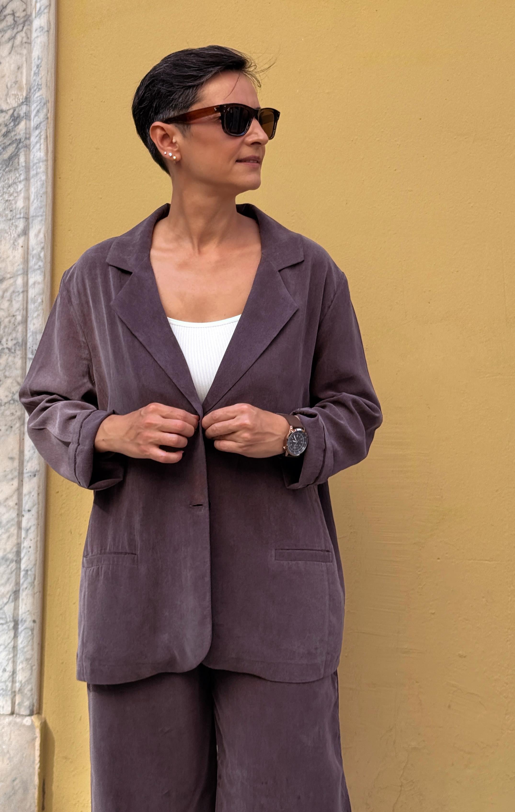 MODAL, OVERSIZE BLAZER CEKET PANTOLON TAKIMI - KAHVE RENGİ