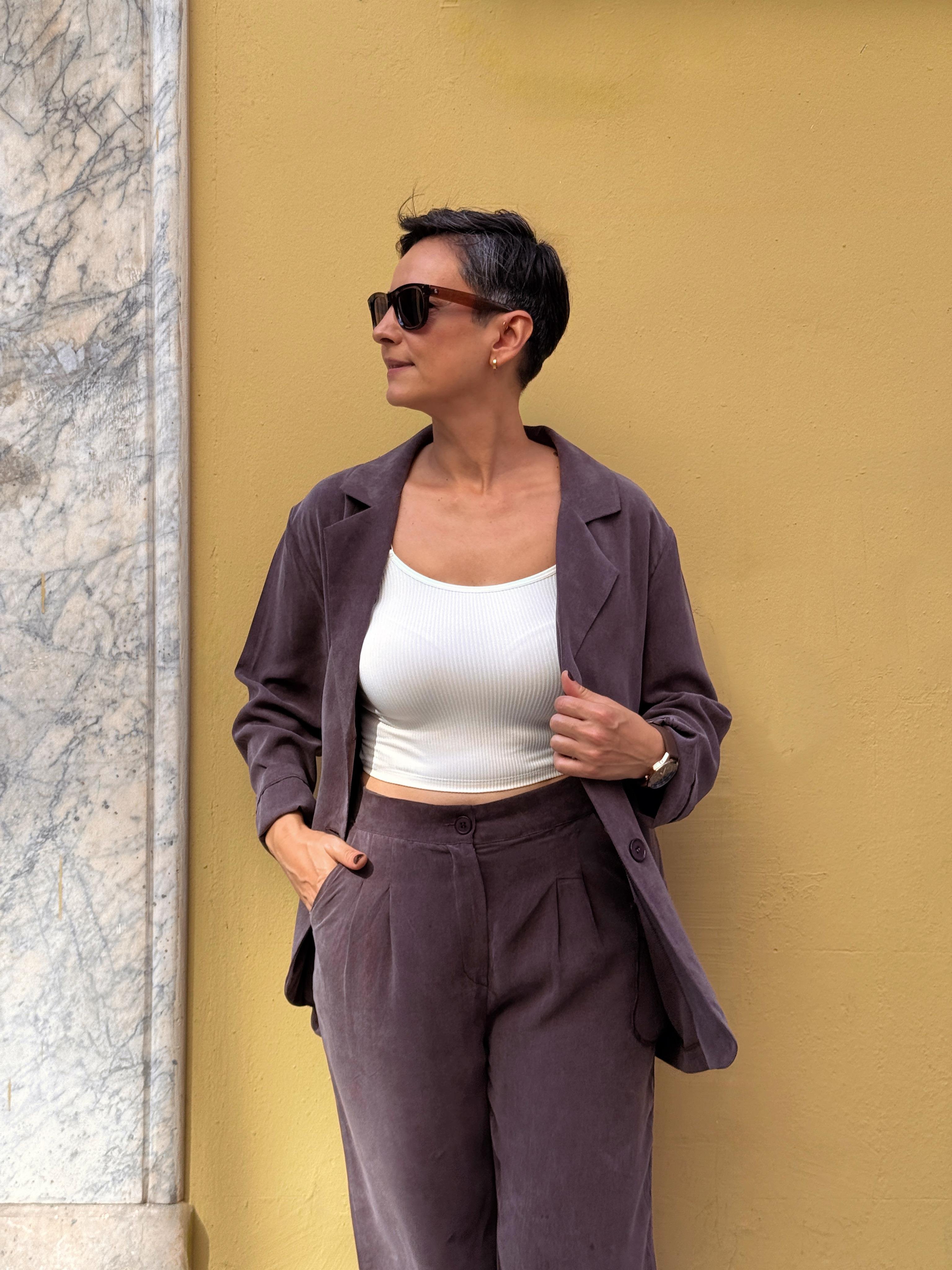 MODAL, OVERSIZE BLAZER CEKET PANTOLON TAKIMI - KAHVE RENGİ