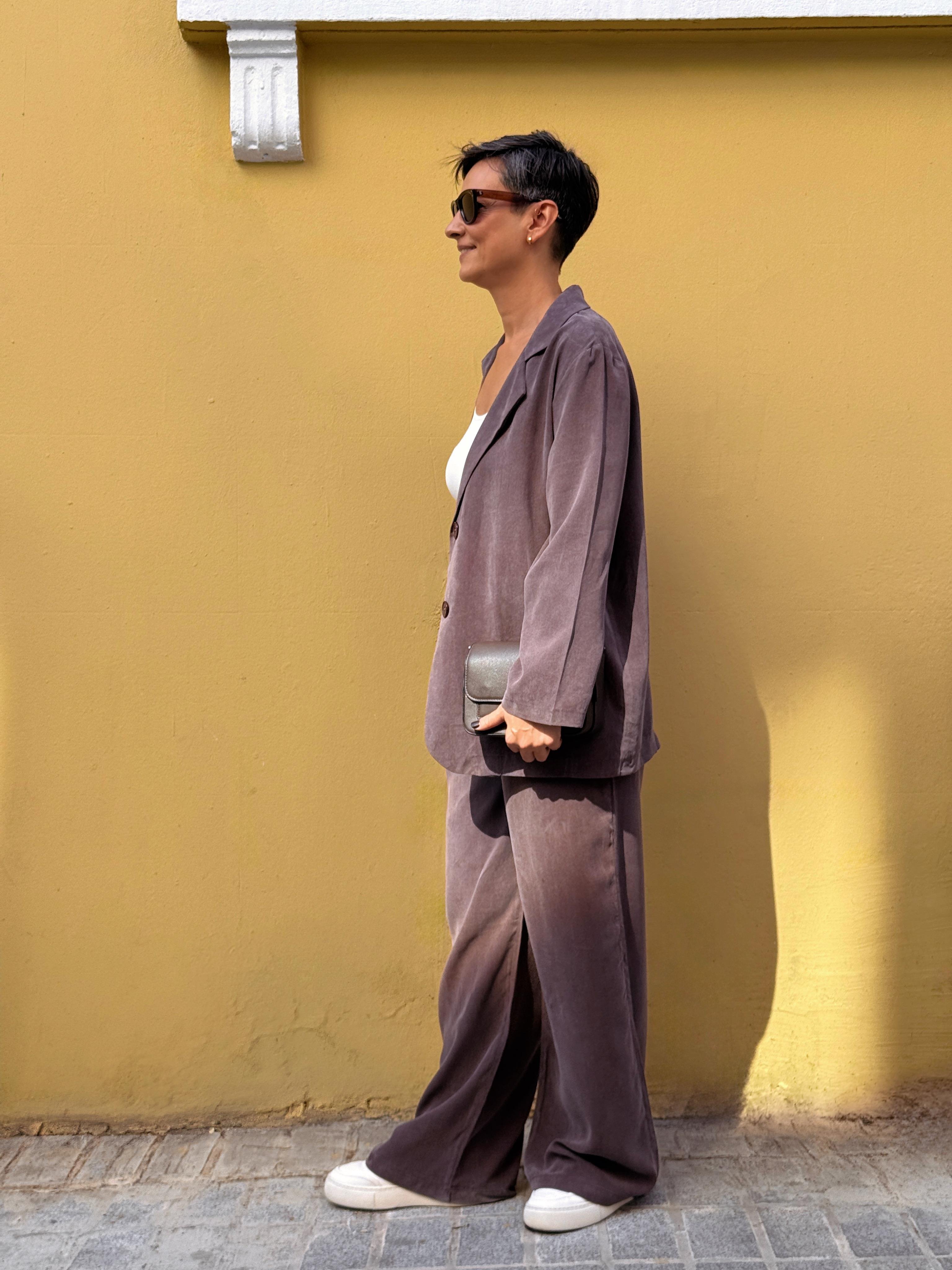 MODAL, OVERSIZE BLAZER CEKET PANTOLON TAKIMI - KAHVE RENGİ