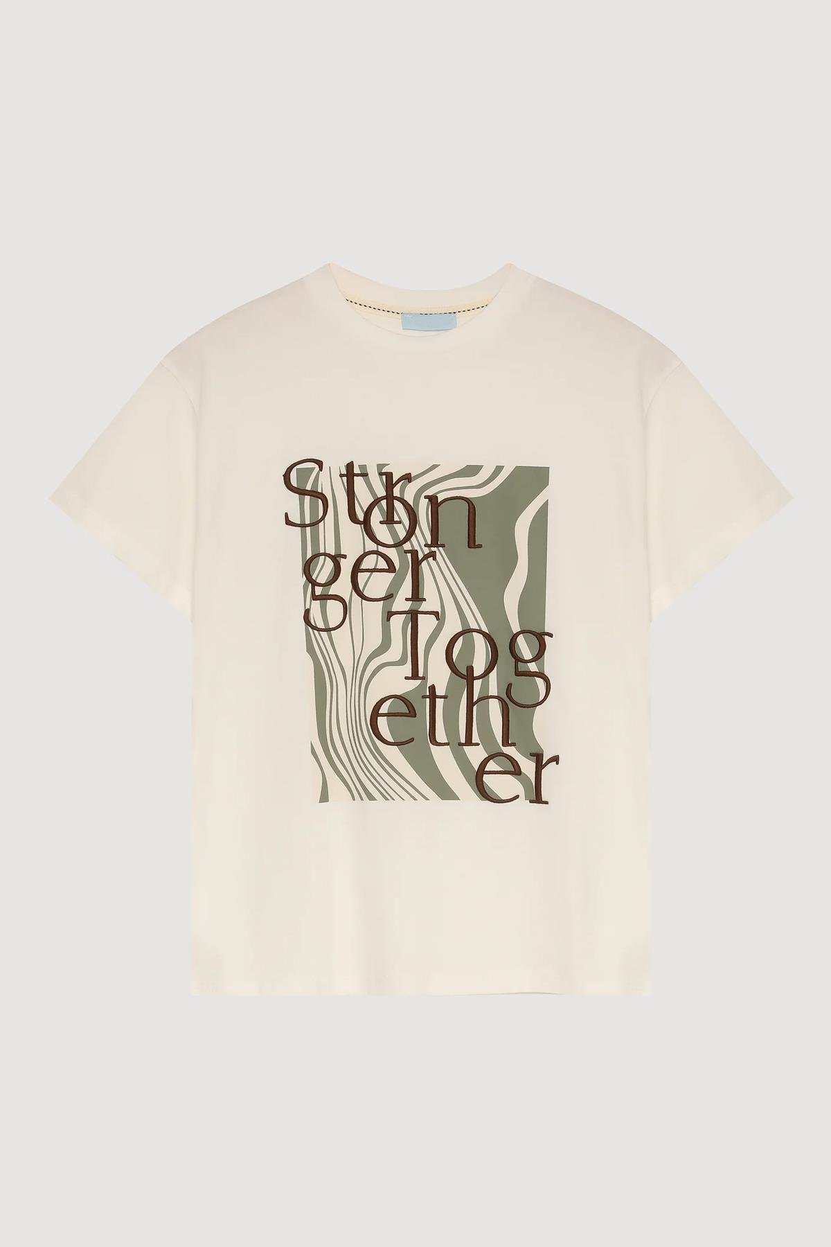 SLOGAN BASKILI T-SHIRT EKRU
