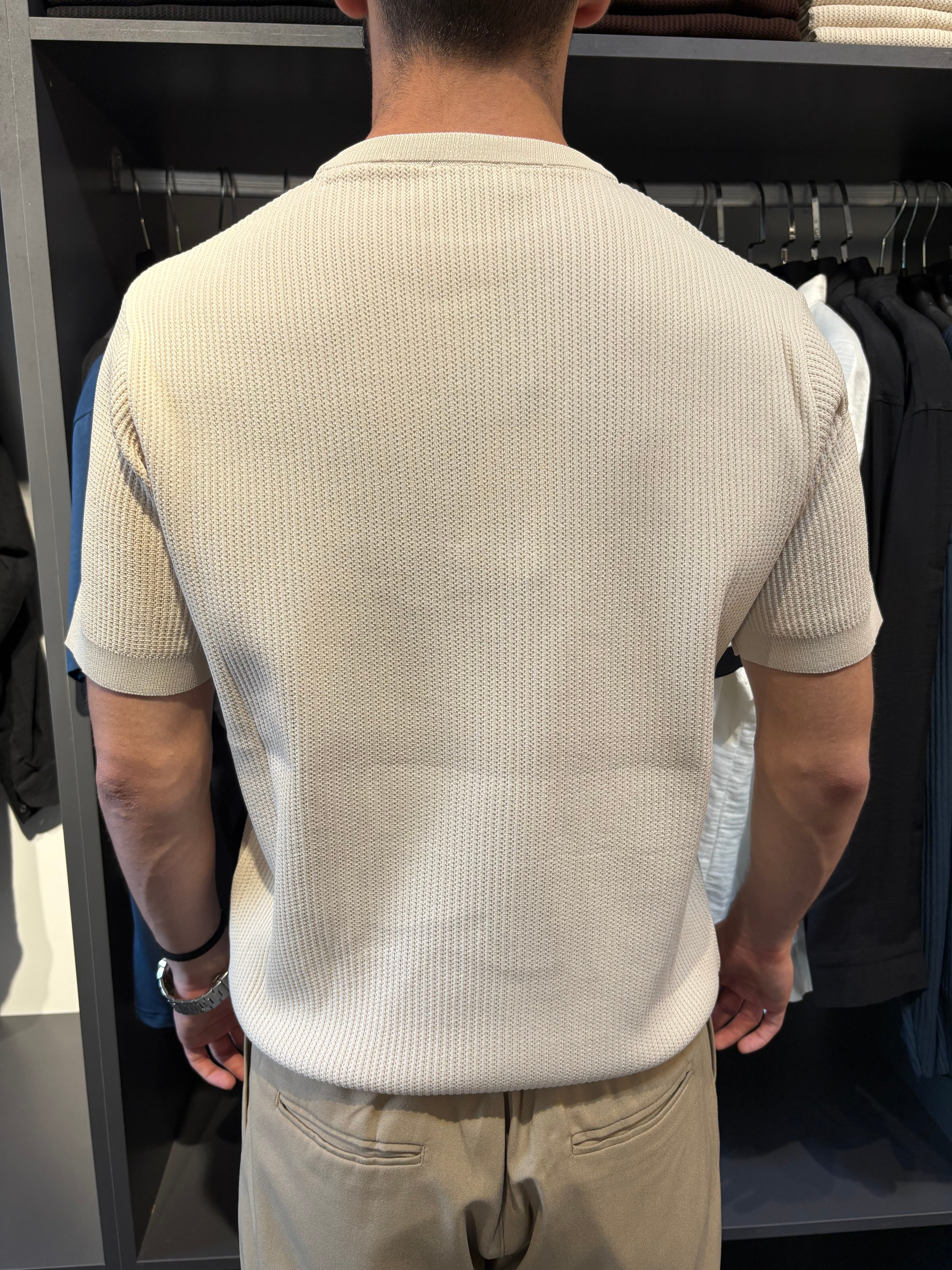 Bisiklet Yaka Örme Triko Tshirt Bej