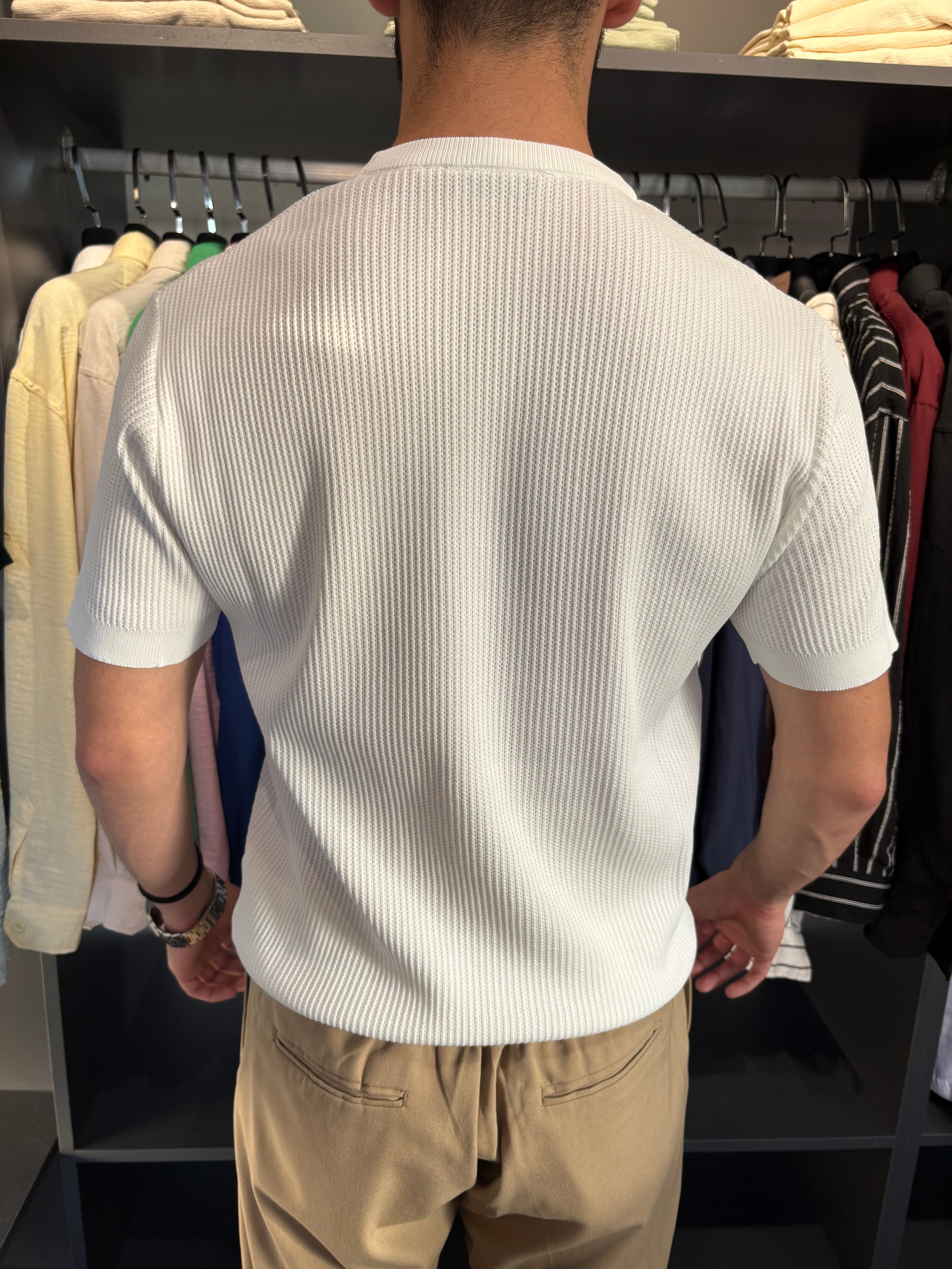 Bisiklet Yaka Örme Triko Tshirt Beyaz