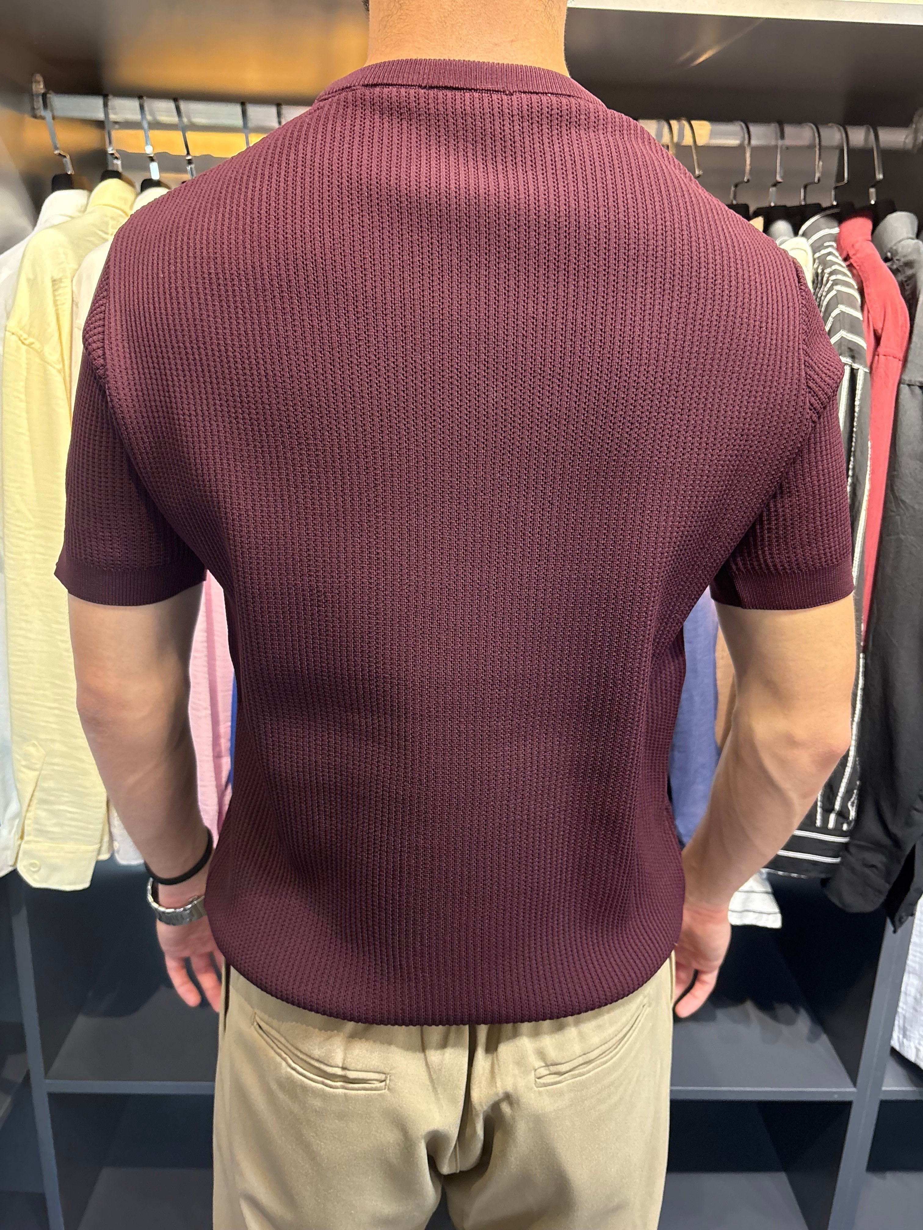 Bisiklet Yaka Örme Triko Tshirt Bordo