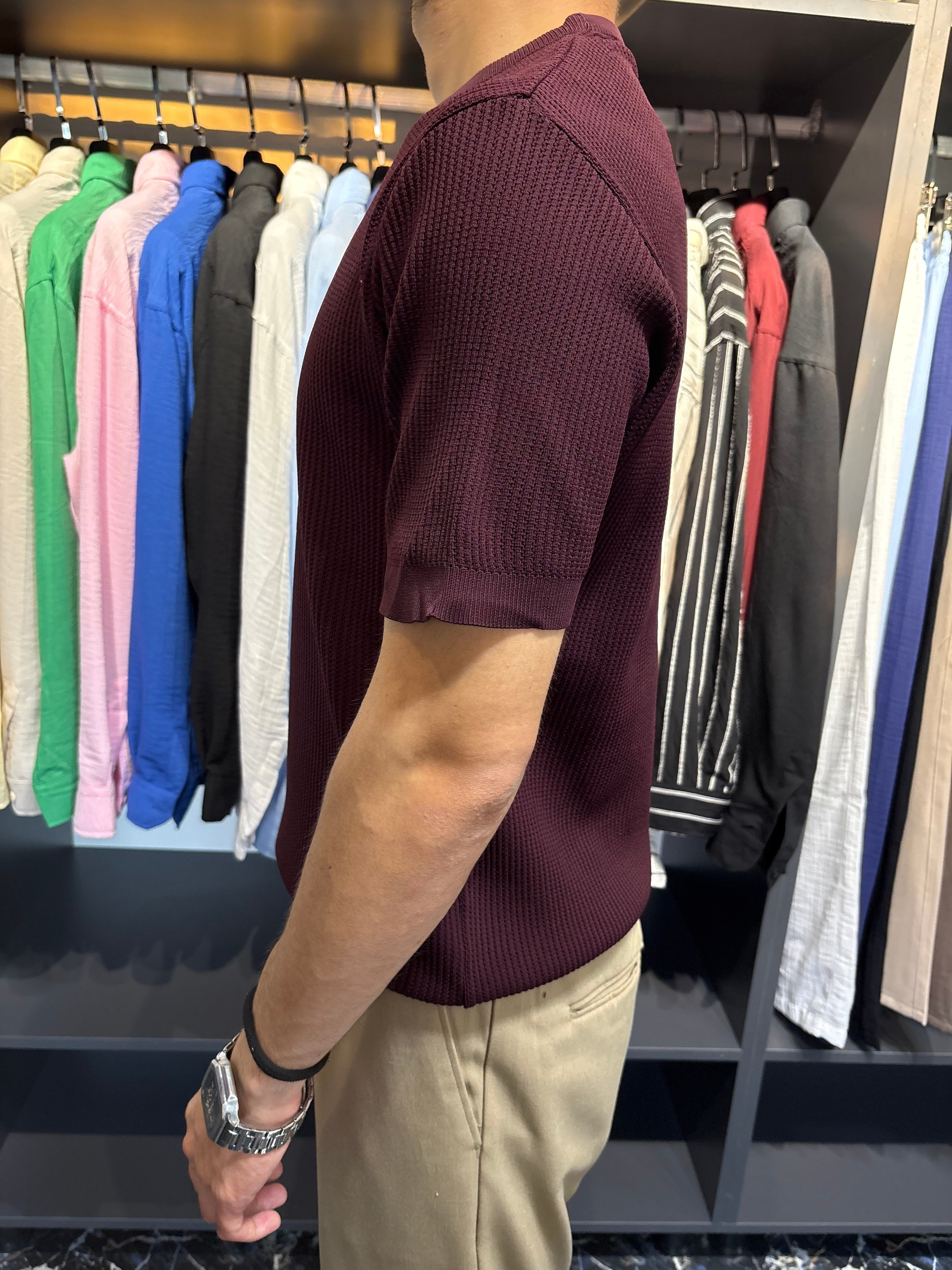 Bisiklet Yaka Örme Triko Tshirt Bordo