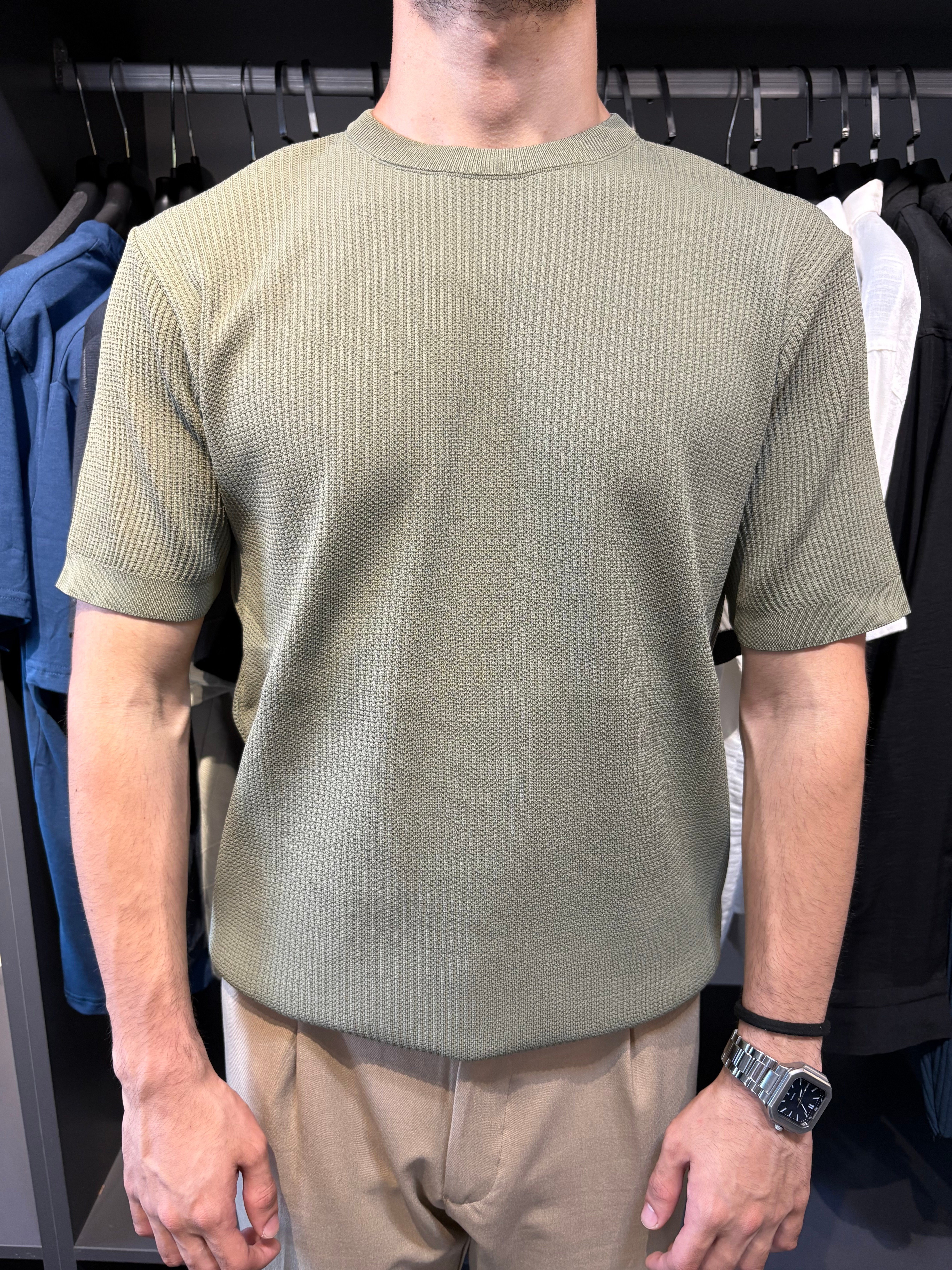 Bisiklet Yaka Örme Triko Tshirt Haki