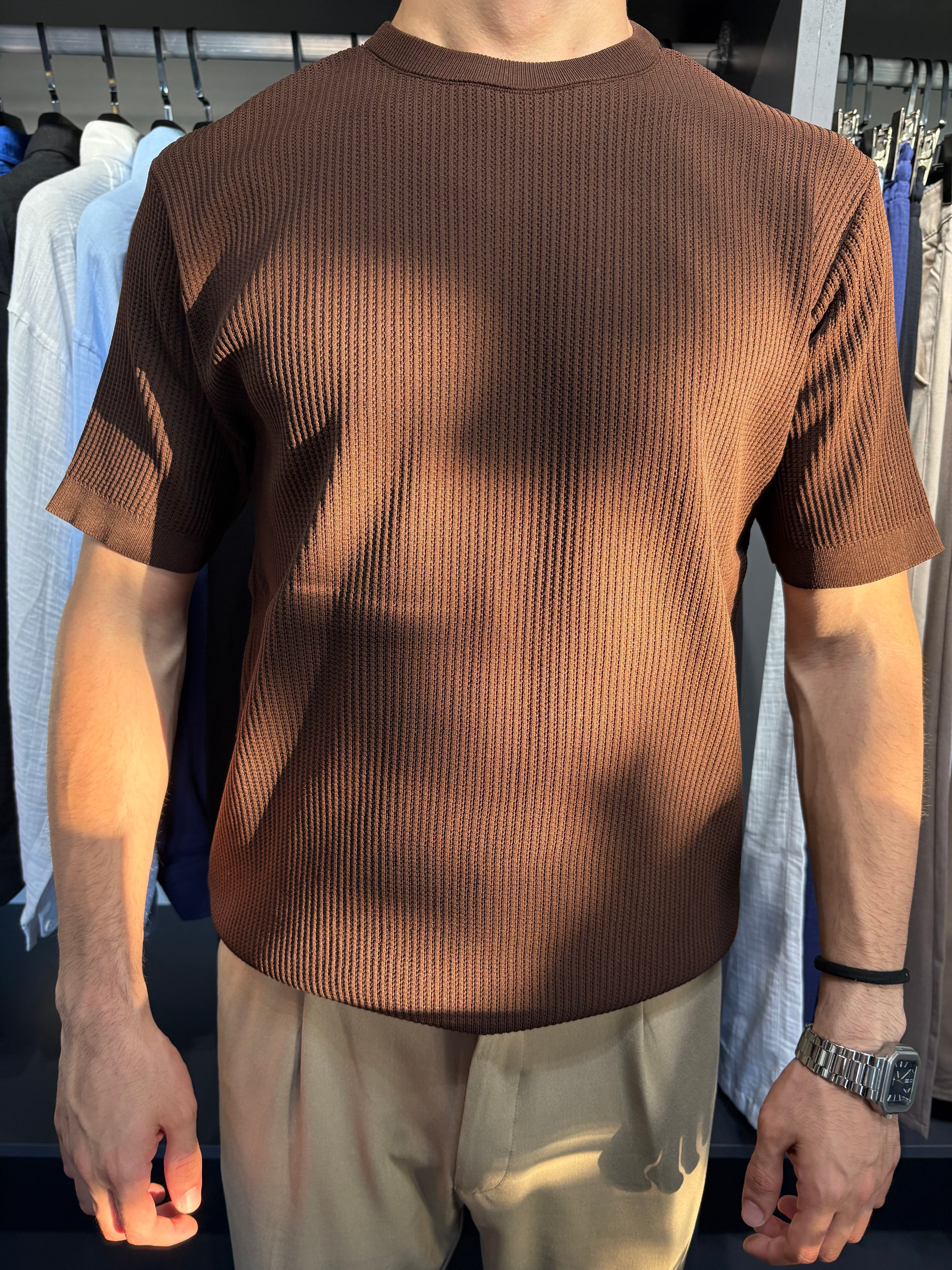 Bisiklet Yaka Örme Triko Tshirt Kahverengi