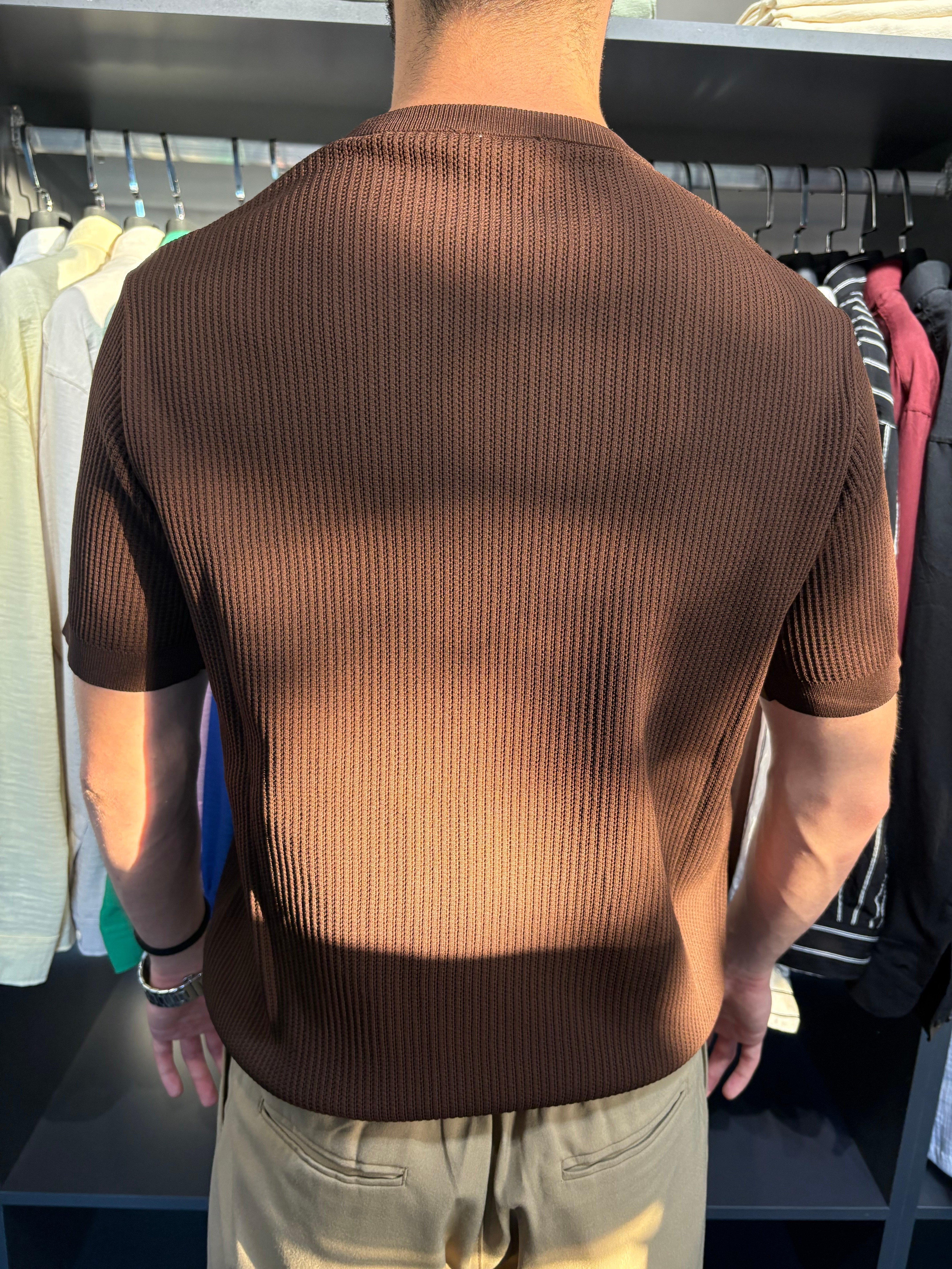 Bisiklet Yaka Örme Triko Tshirt Kahverengi