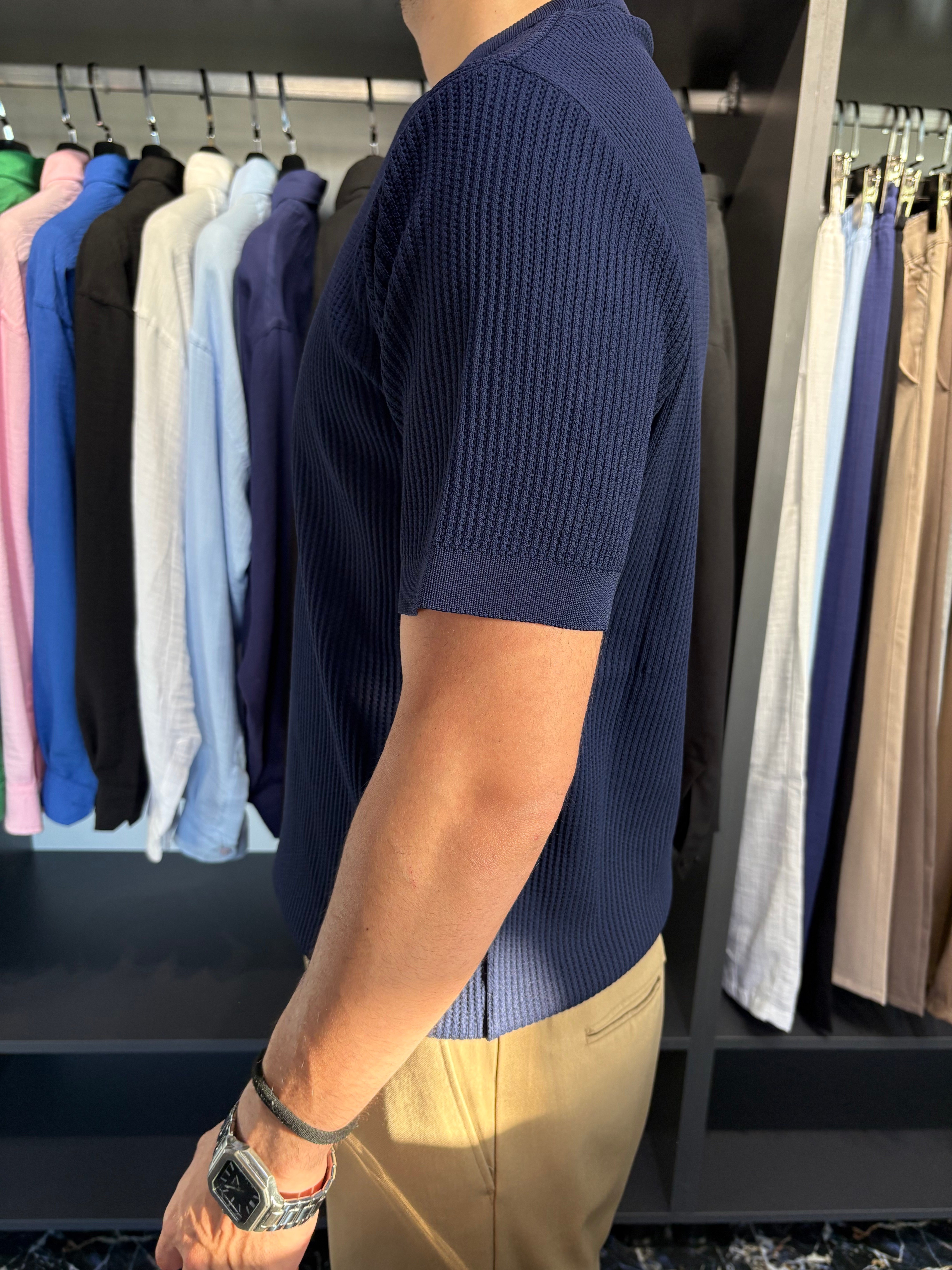 Bisiklet Yaka Örme Triko Tshirt Lacivert