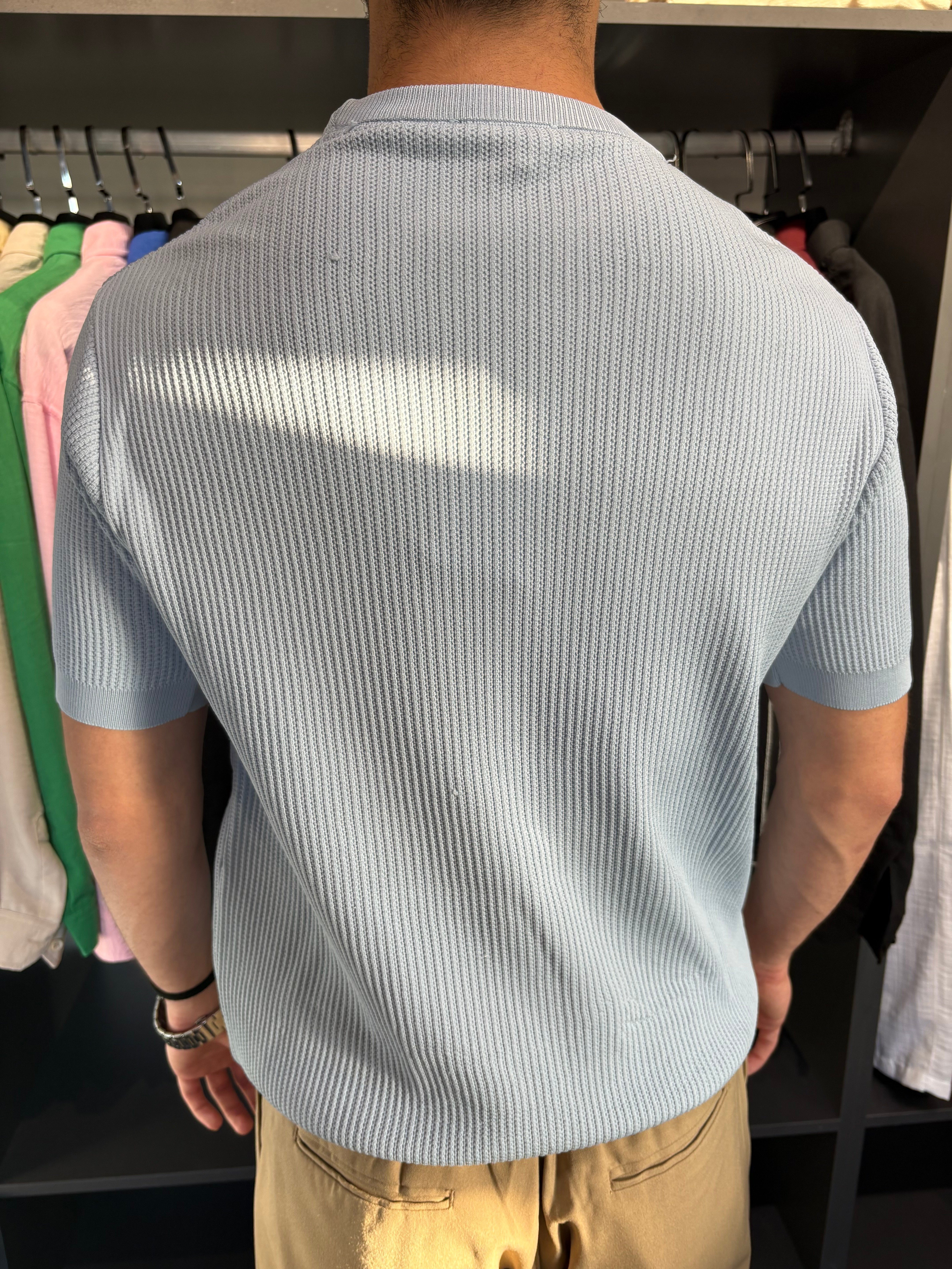 Bisiklet Yaka Örme Triko Tshirt Mavi