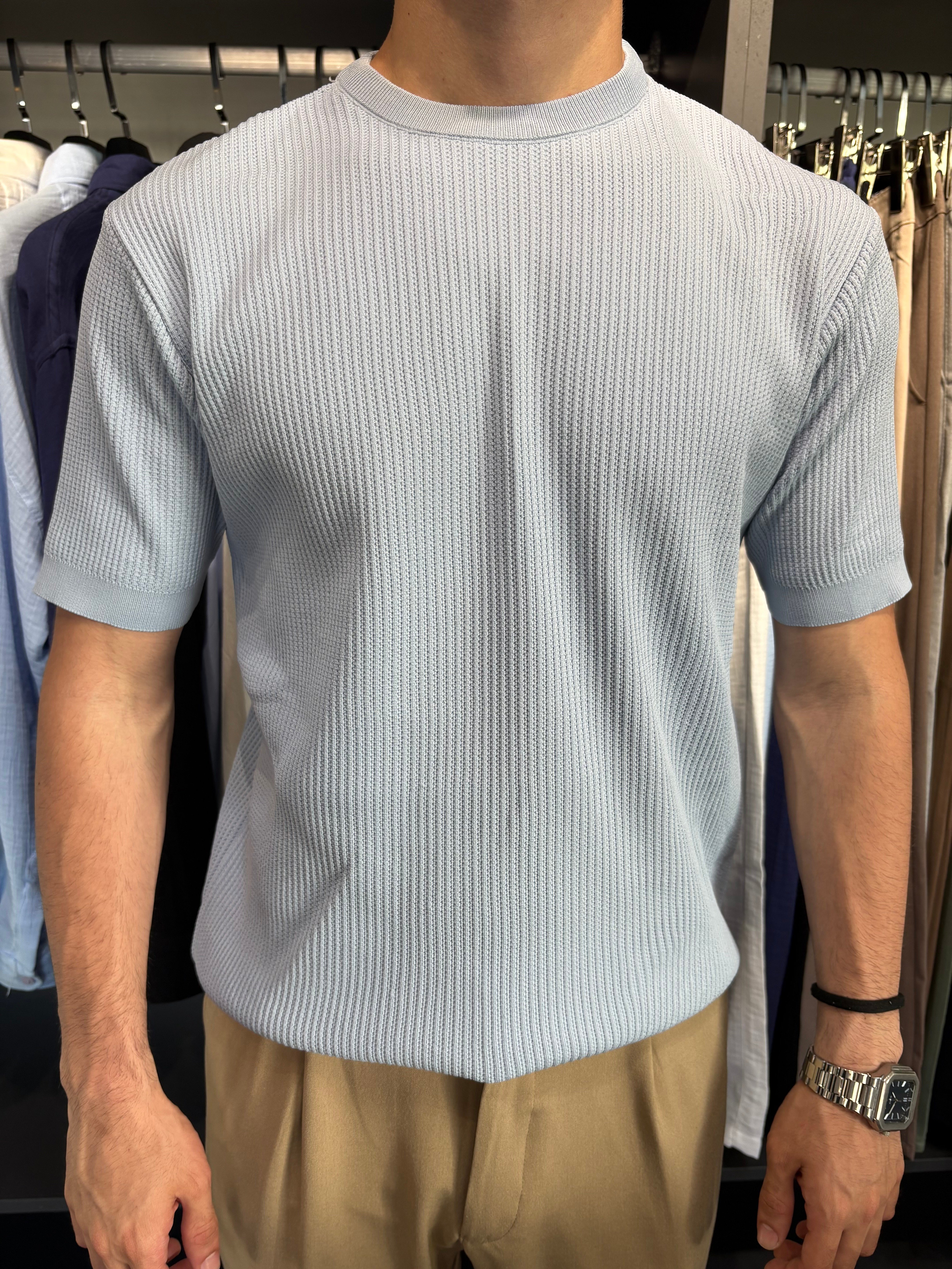 Bisiklet Yaka Örme Triko Tshirt Mavi