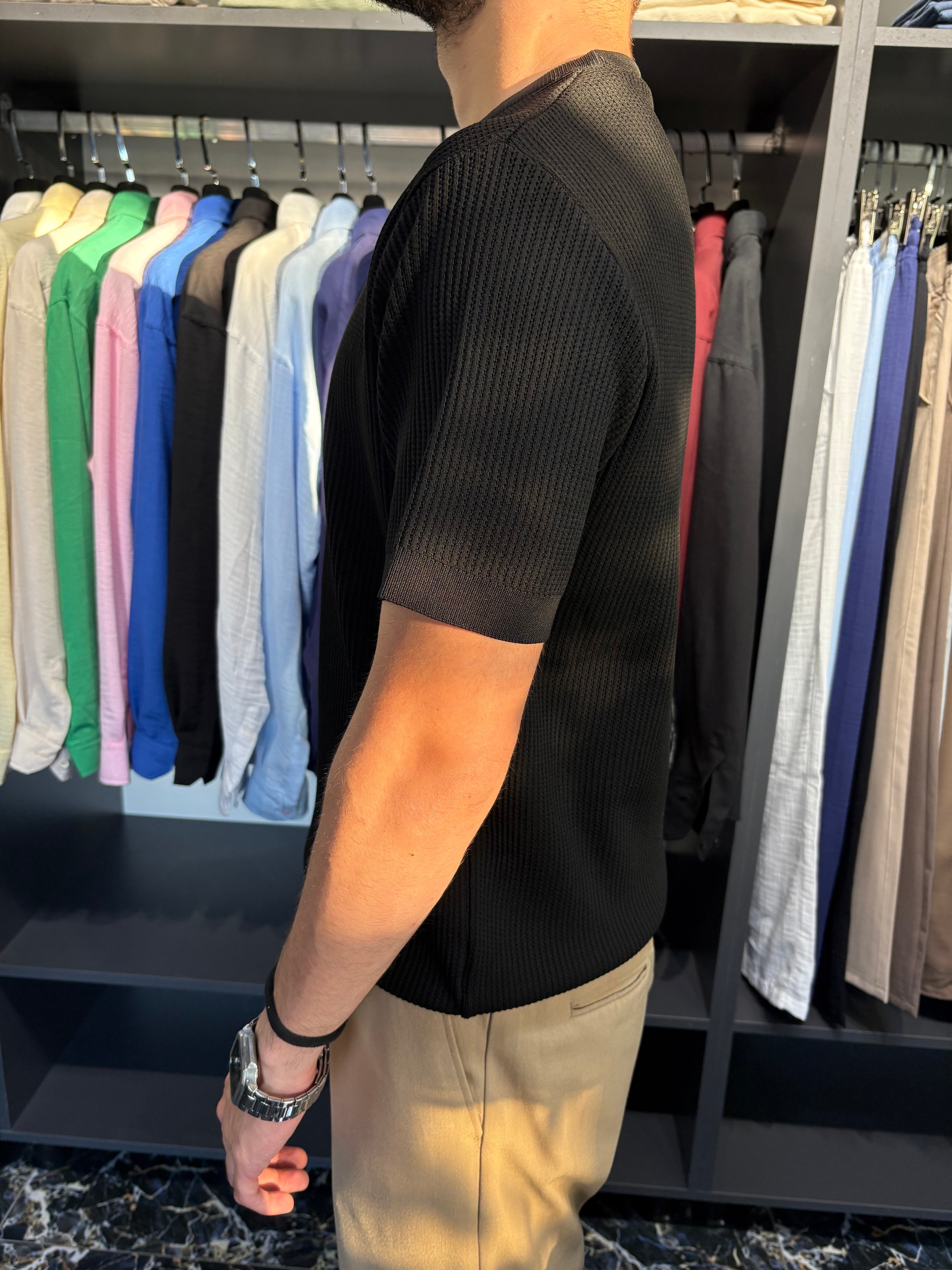 Bisiklet Yaka Örme Triko Tshirt Siyah