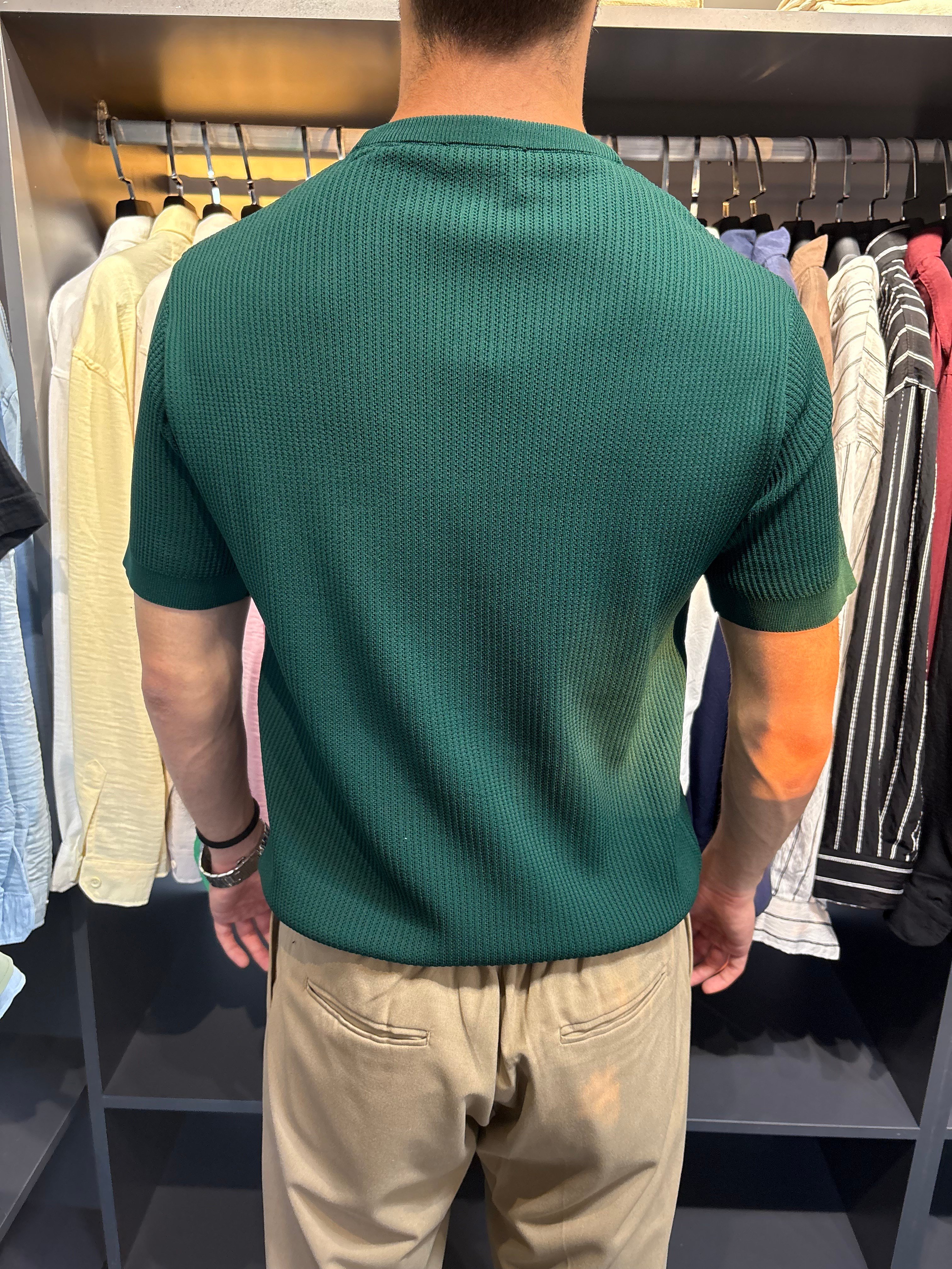 Bisiklet Yaka Örme Triko Tshirt Yeşil