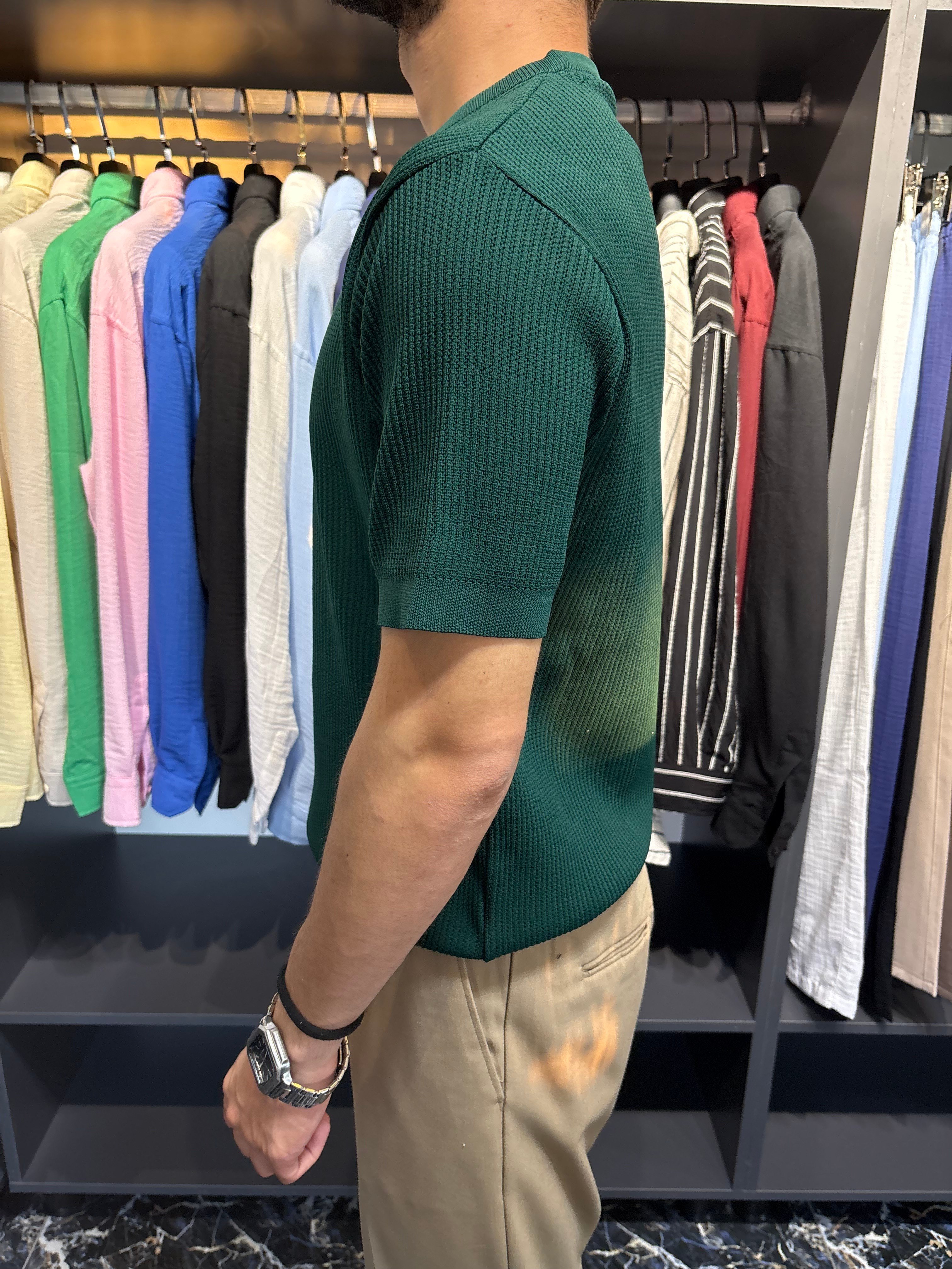 Bisiklet Yaka Örme Triko Tshirt Yeşil