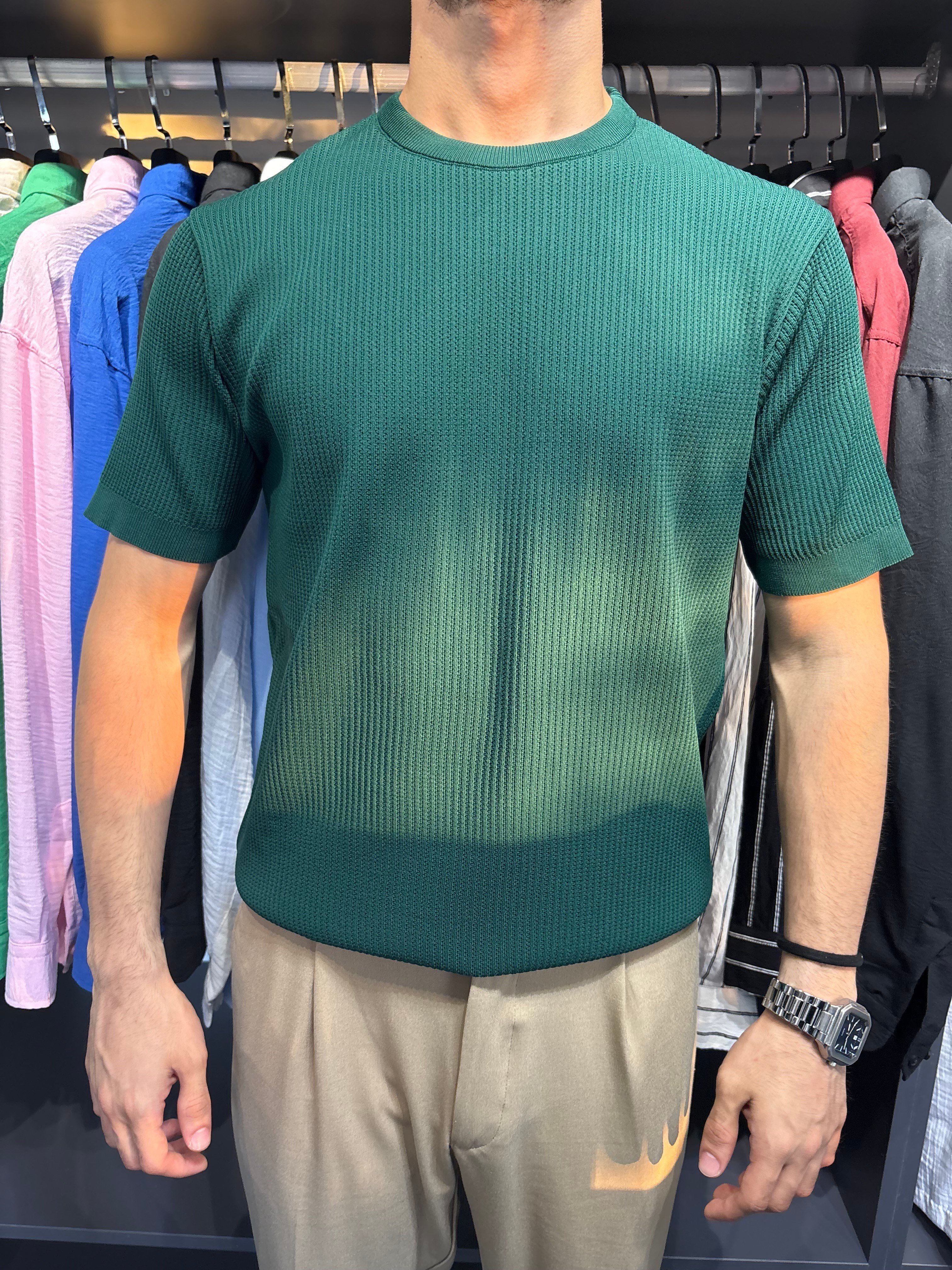 Bisiklet Yaka Örme Triko Tshirt Yeşil