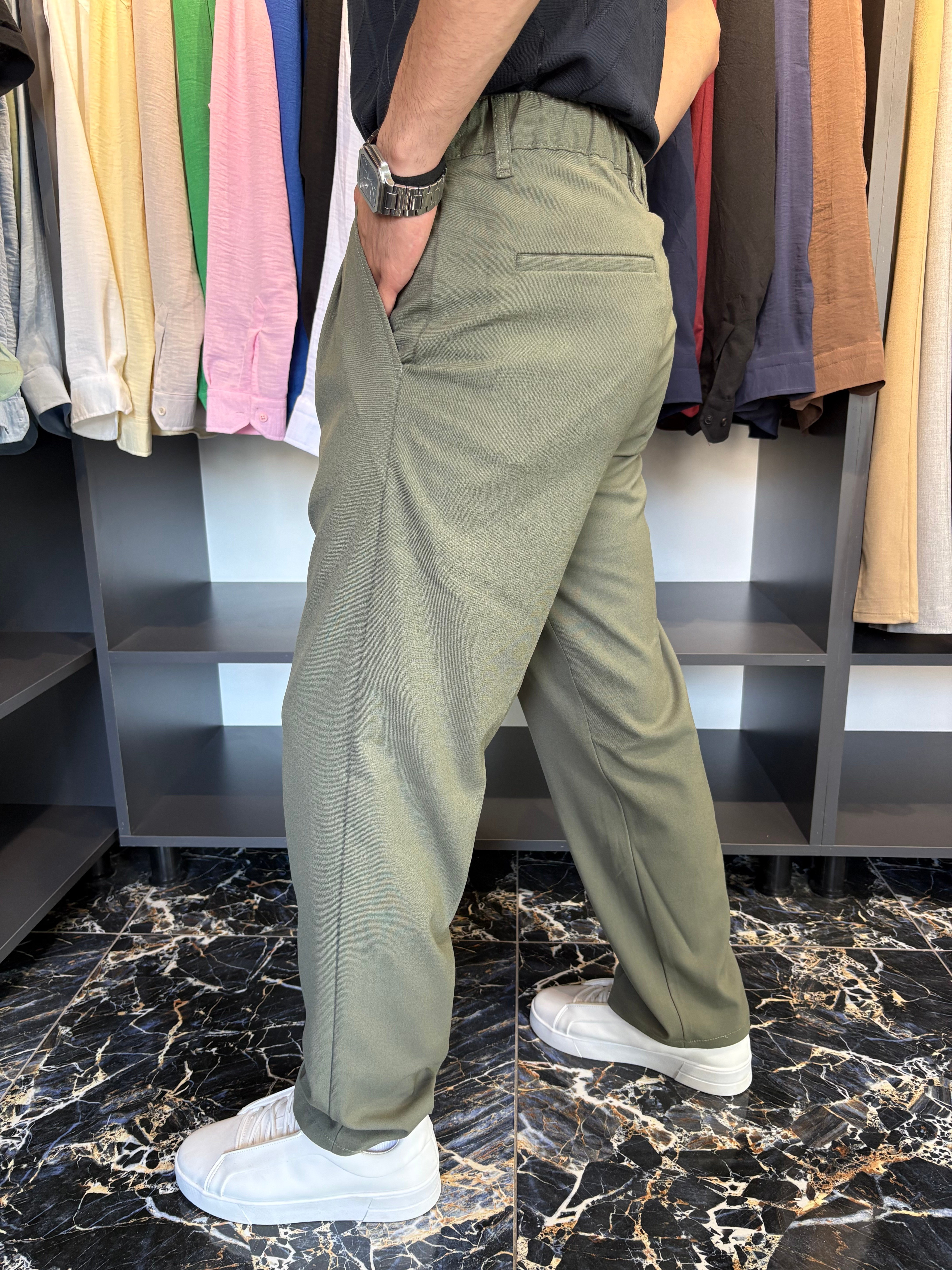 Çift Pile Detay Baggy Kumaş Pantolon Haki