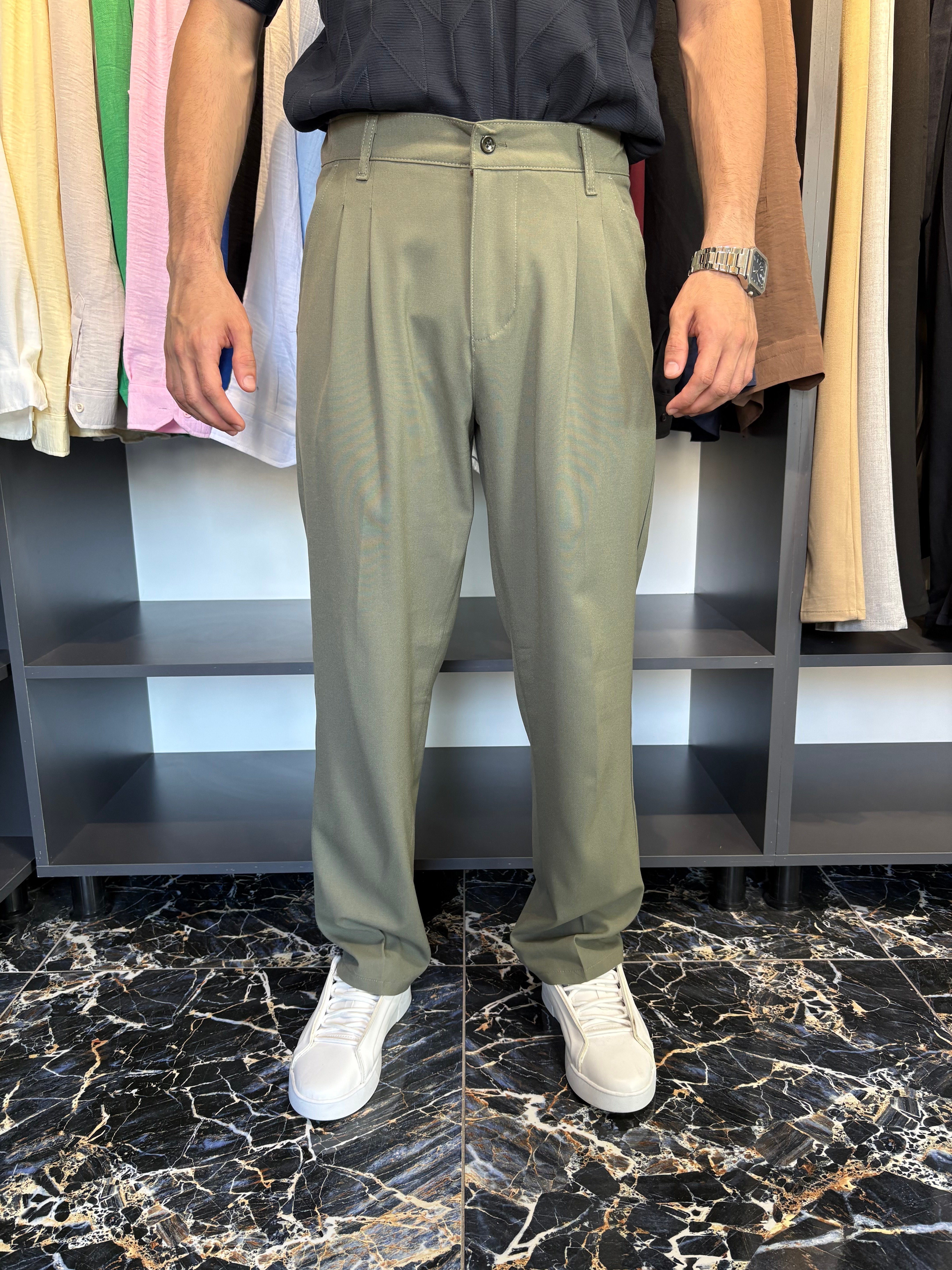 Çift Pile Detay Baggy Kumaş Pantolon Haki