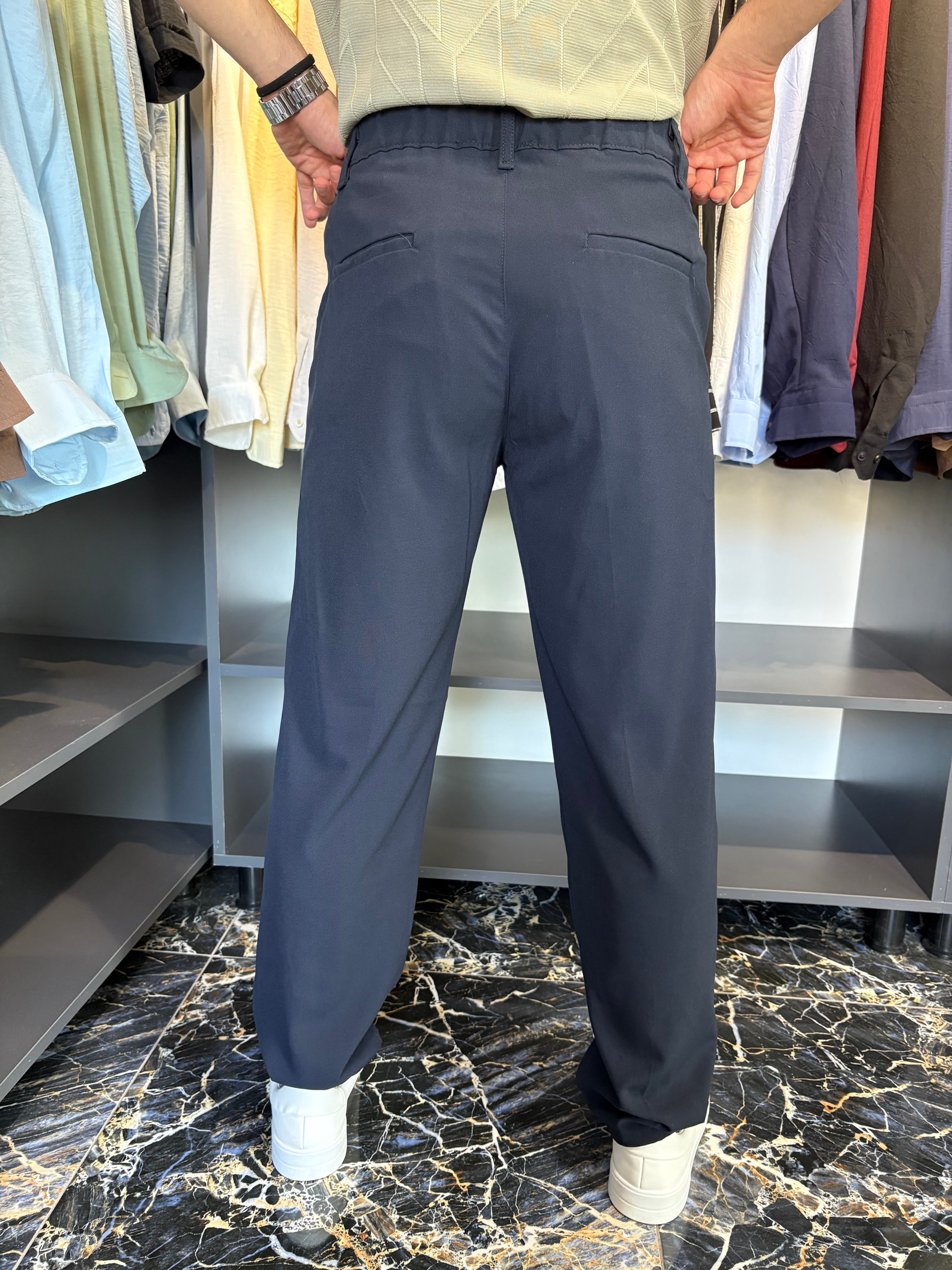 Çift Pile Detay Baggy Kumaş Pantolon Lacivert