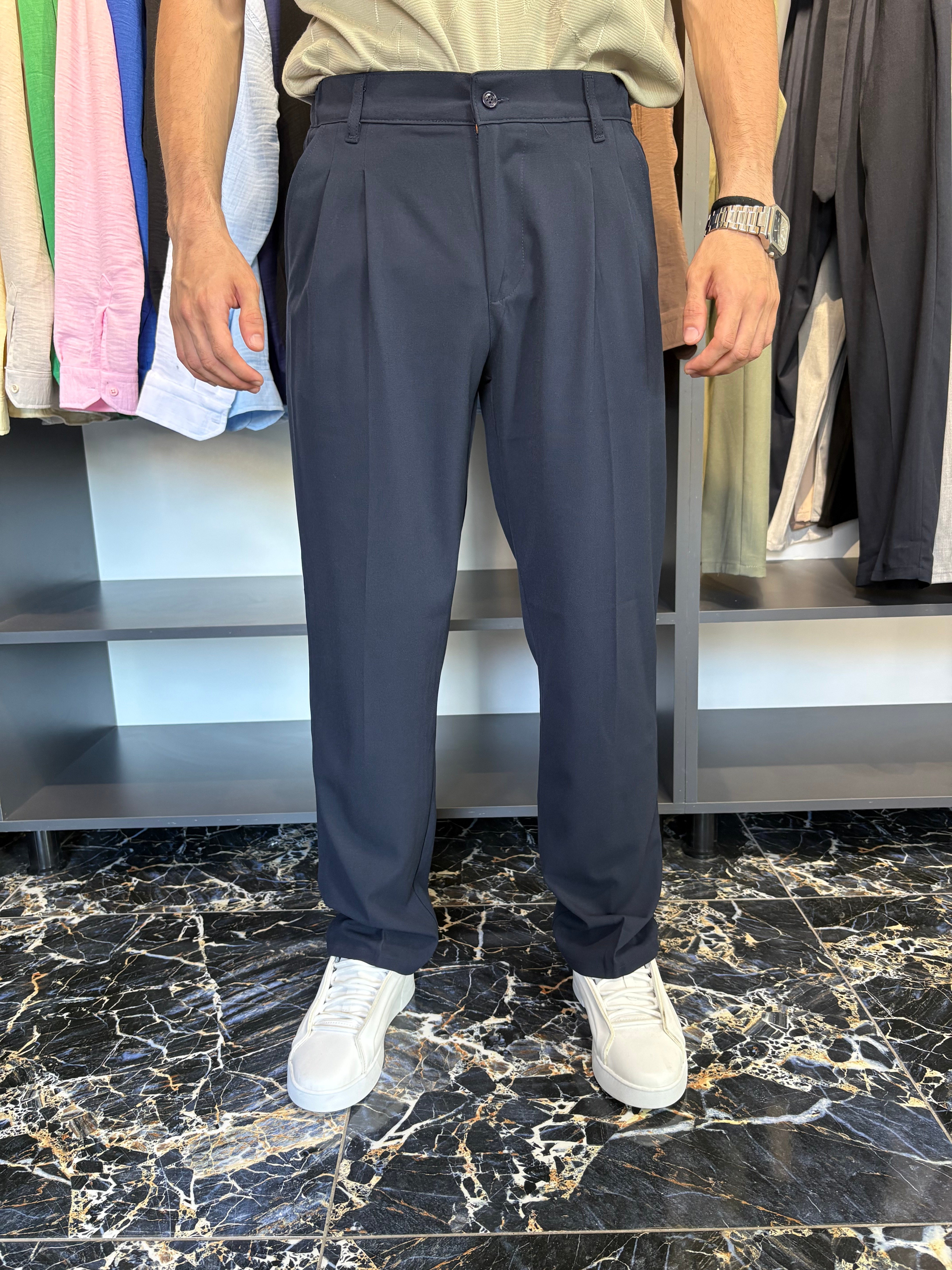 Çift Pile Detay Baggy Kumaş Pantolon Lacivert